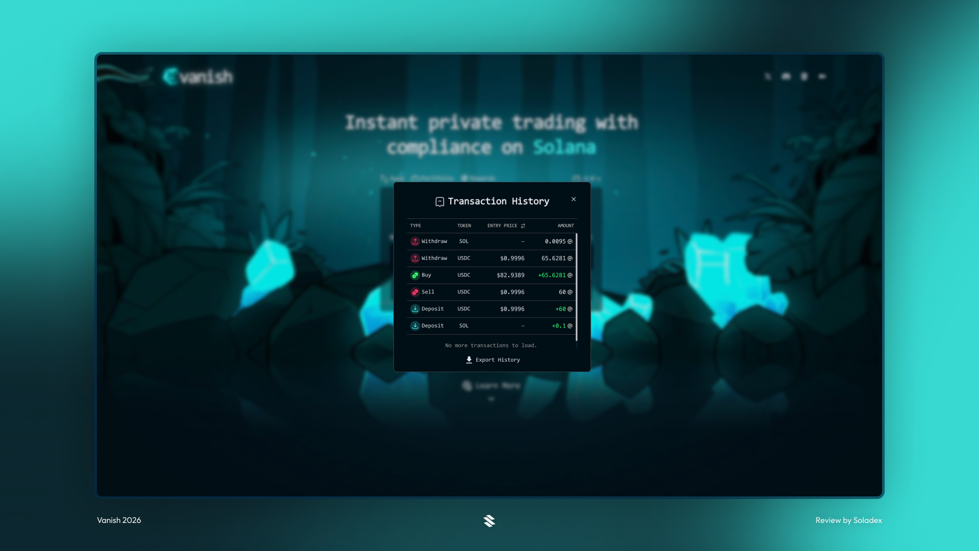Viewing transaction history inside the Vanish app