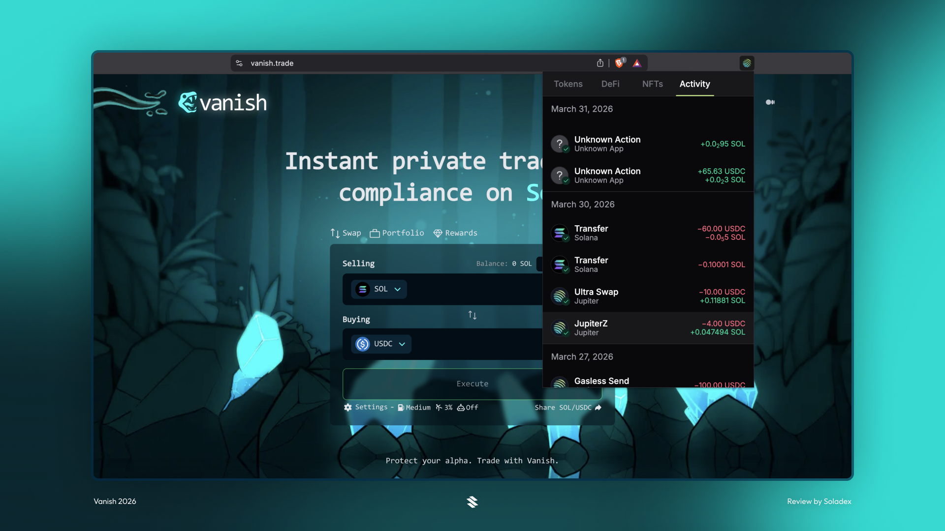Demonstrating how transactions are shielded when viewing from a wallet such as Jupiter
