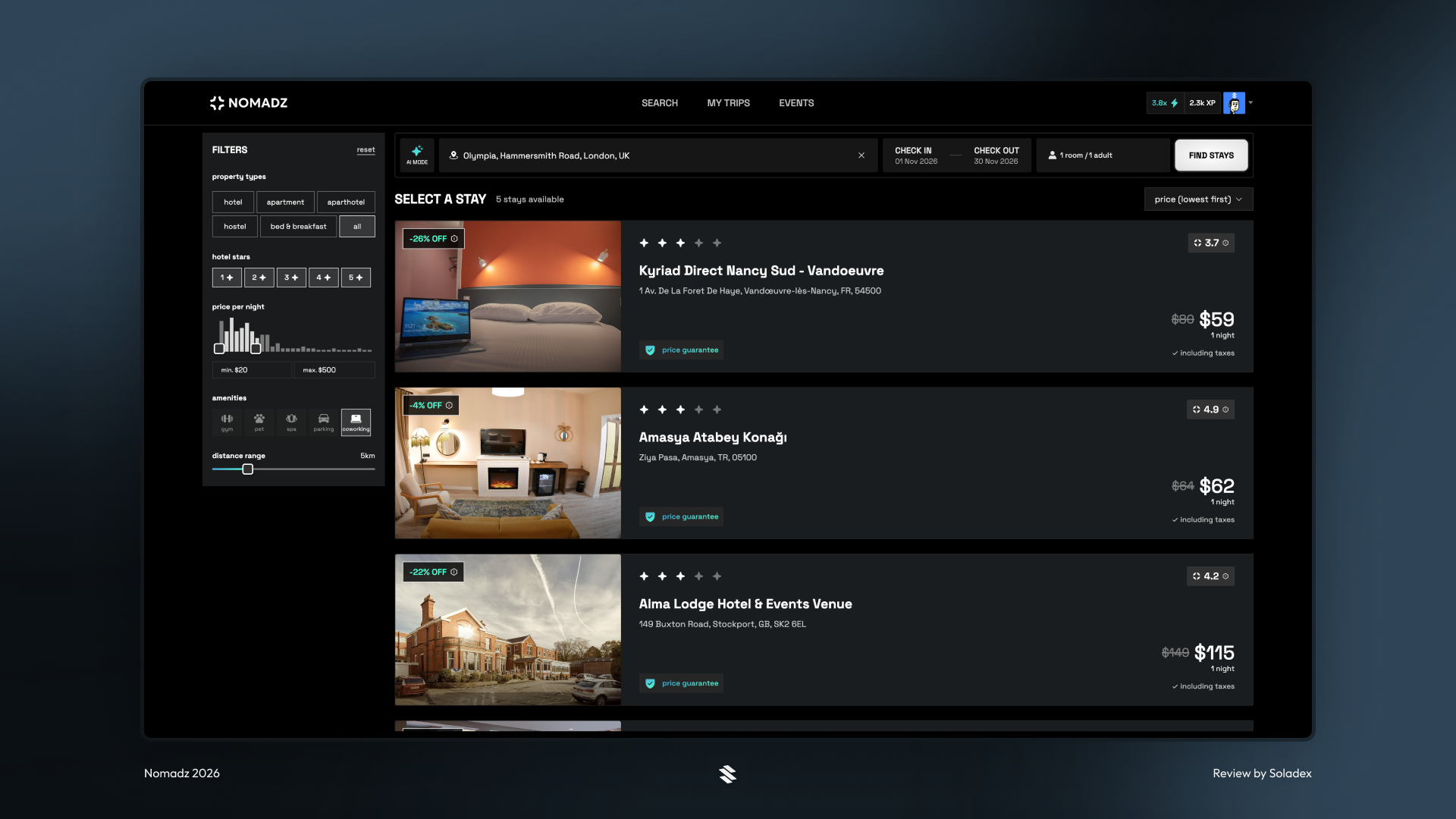 Browsing the various hotels available to book through the Nomadz app