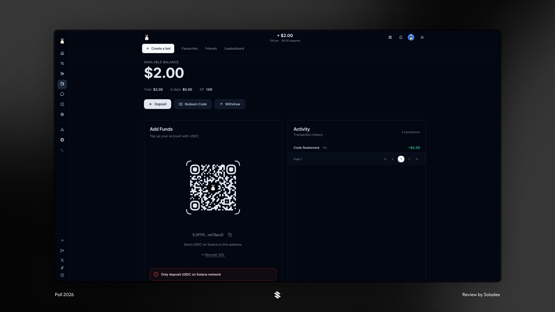 Depositing into the Poll app to bet on prediction markets on Solana