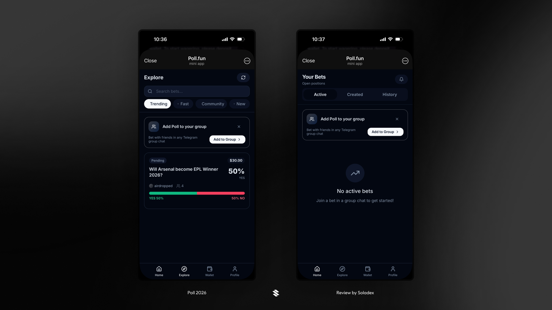 Viewing available wagers inside the Poll telegram app