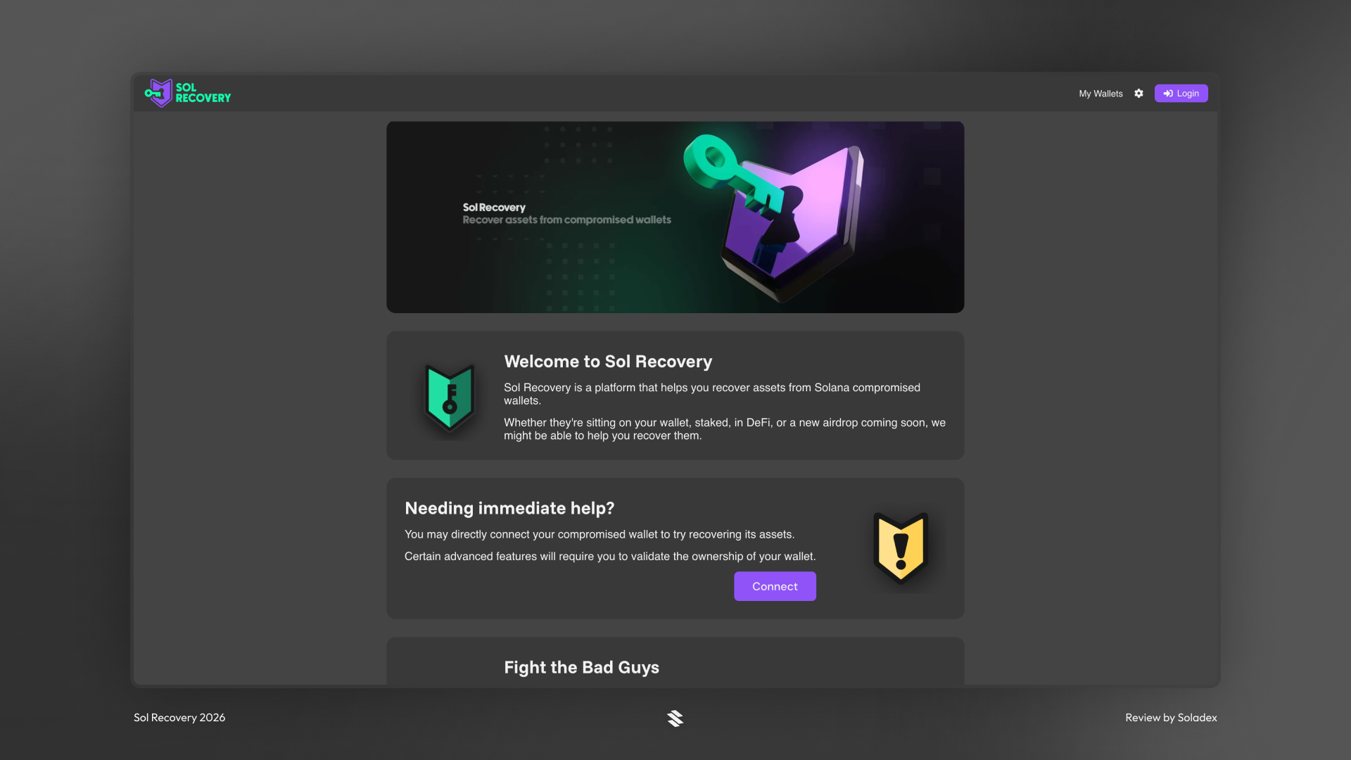 The home page of Sol Recovery