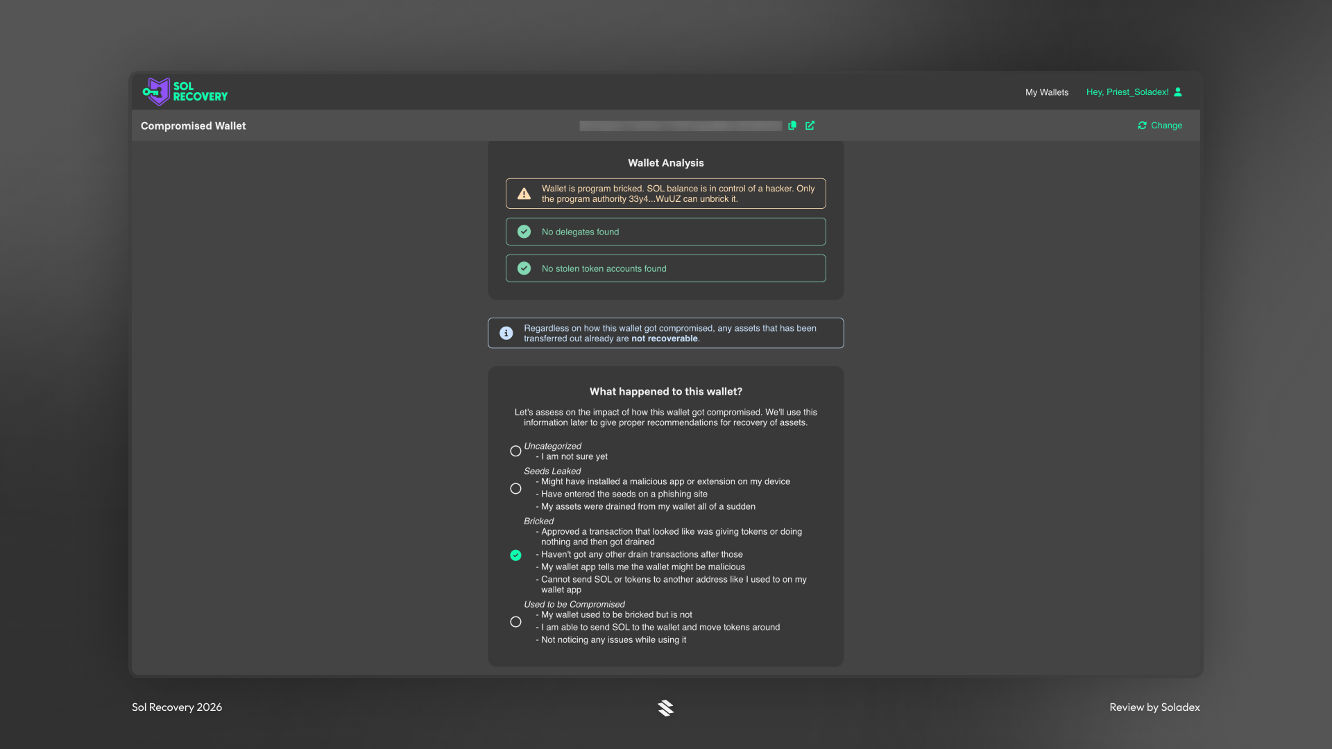 Sol Recovery performing a full analysis on the provided wallet address