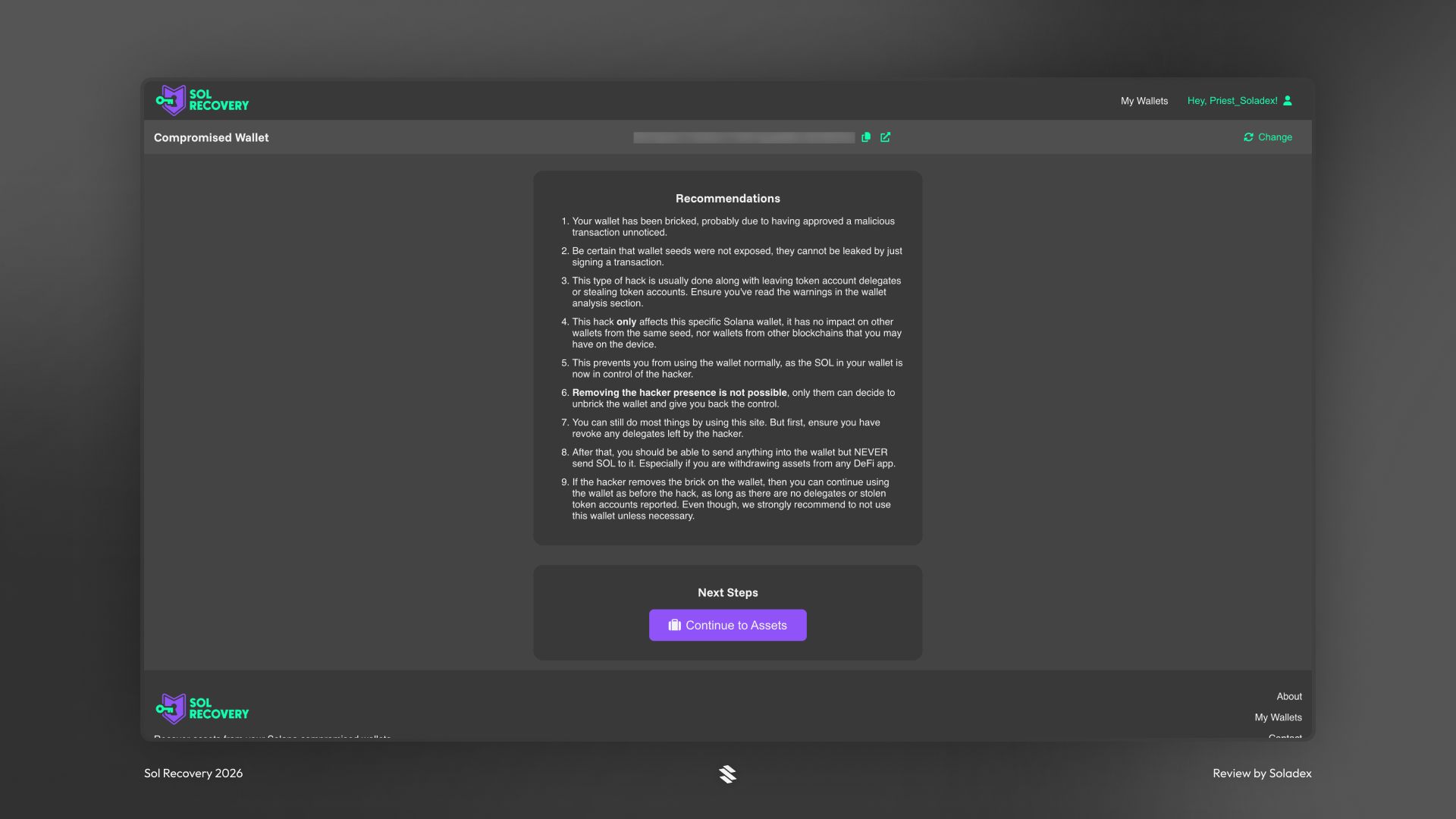 Sol Recovery displaying recommendations for the compromised wallet