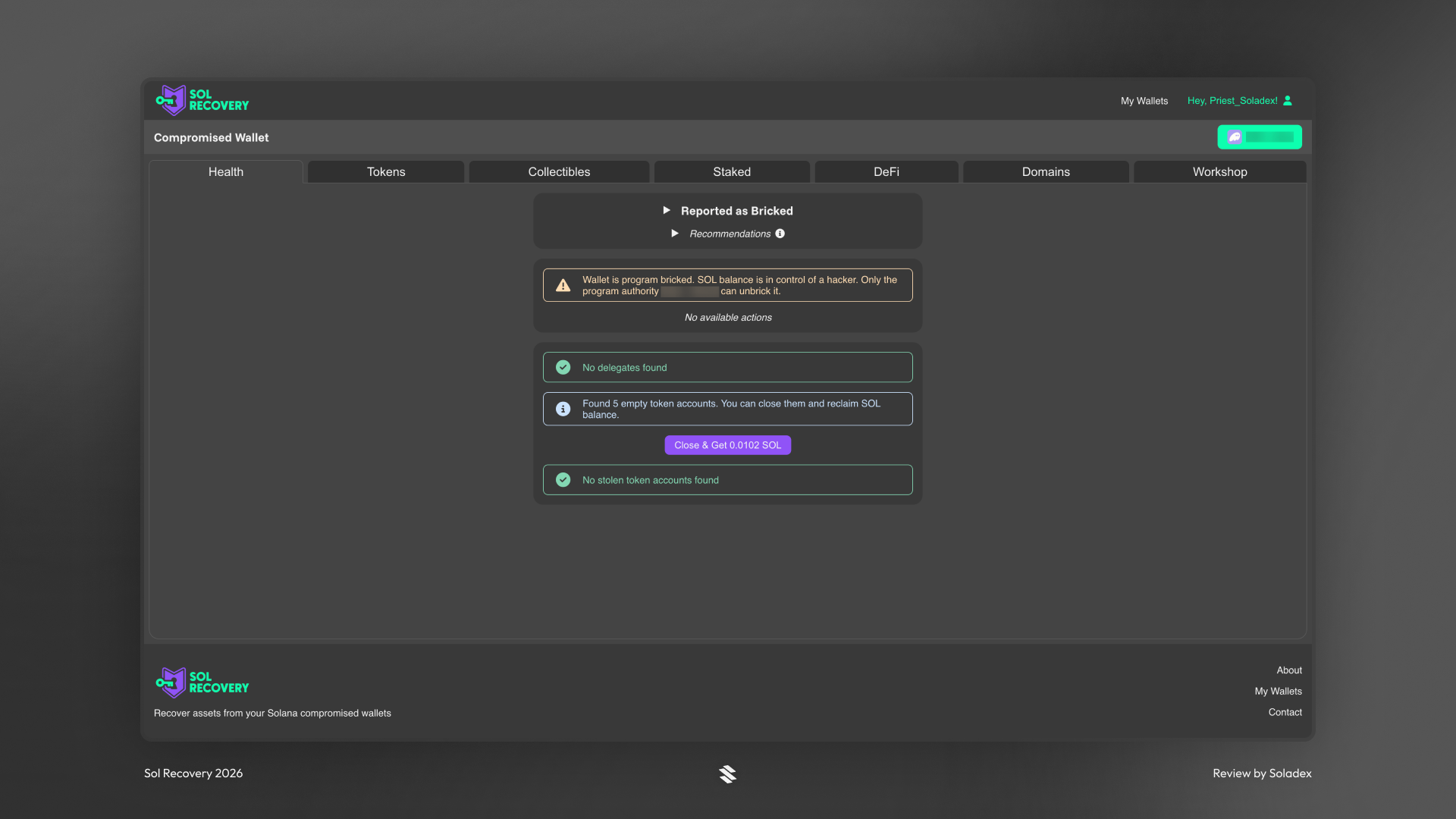 Viewing then wallet health metrics with the Sol Recovery app