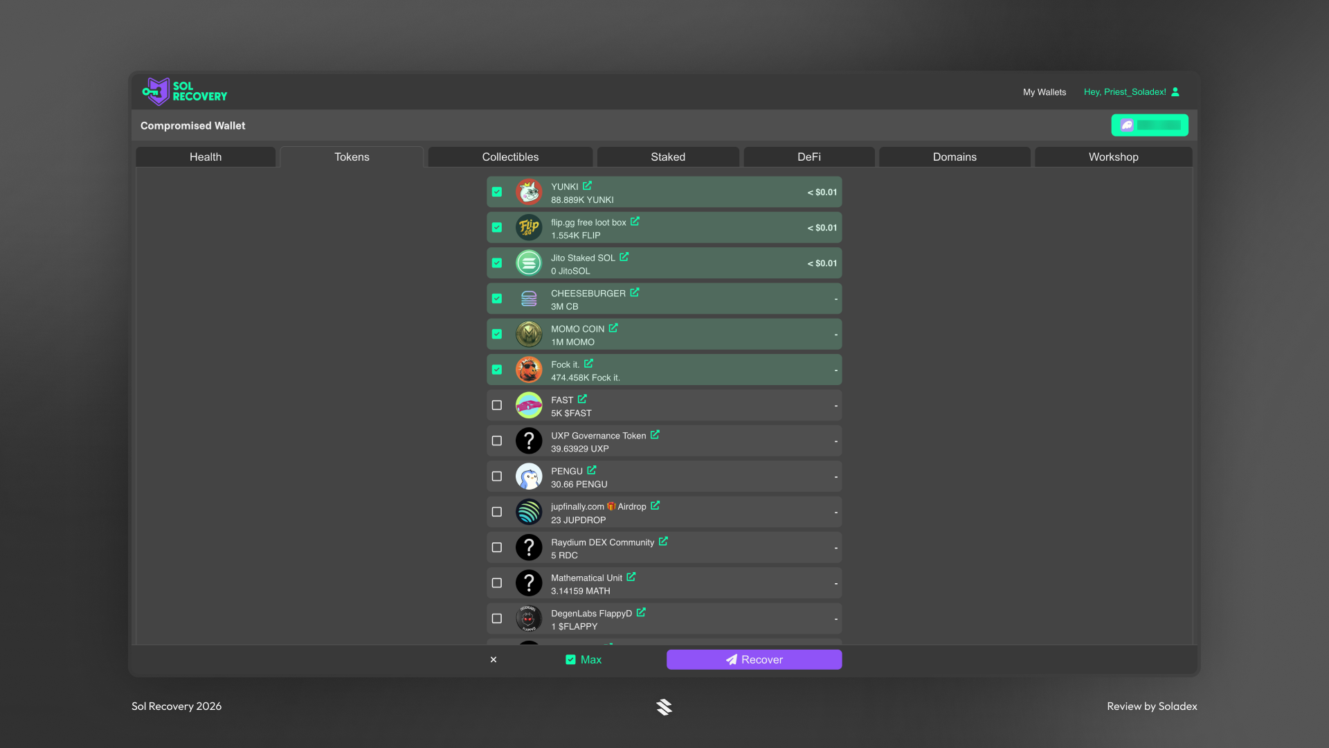 Sol Recovery listing the active tokens still sitting inside the compromised wallet