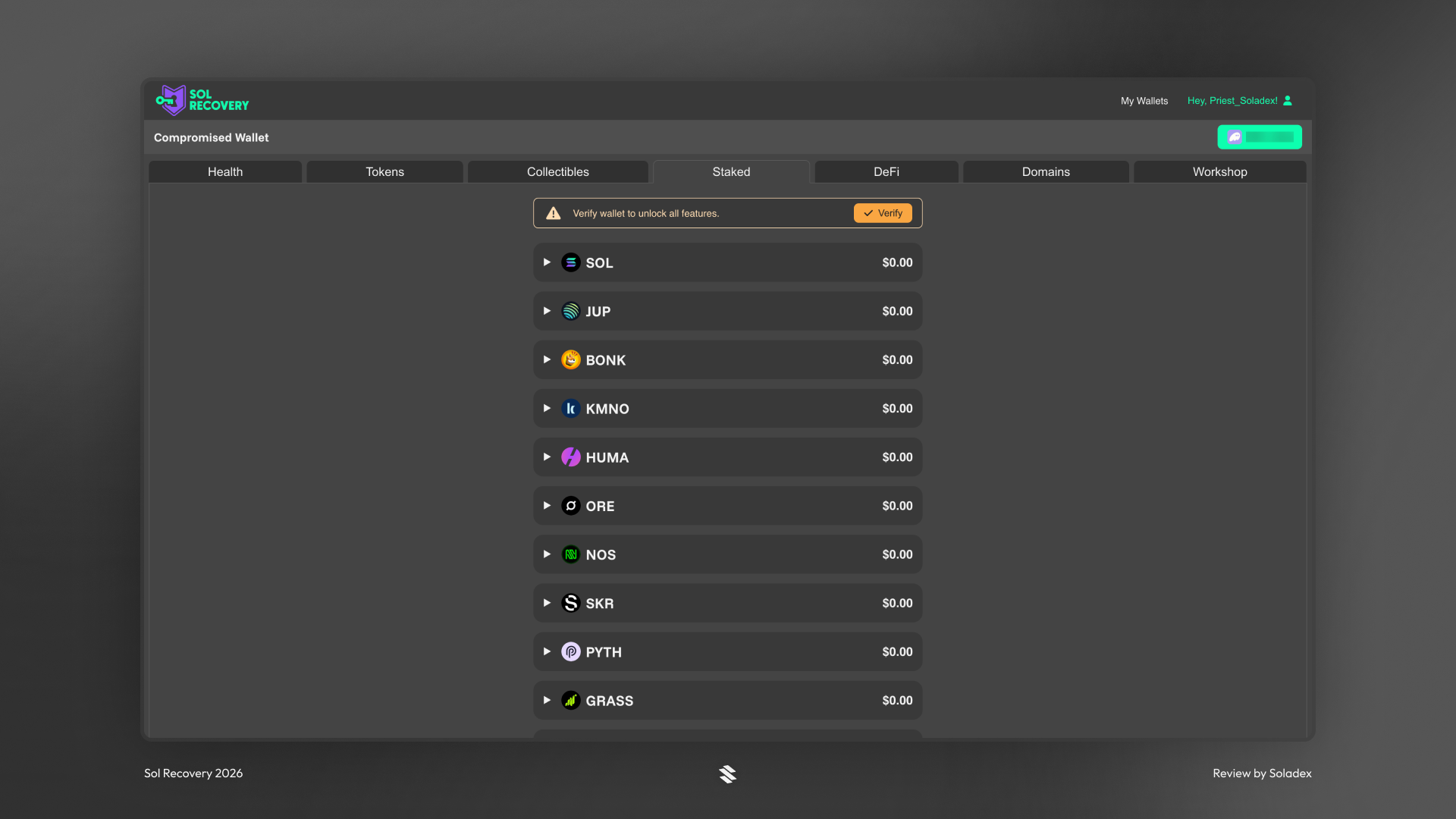 Sol Recovery shows any and all staked assets inside the wallet