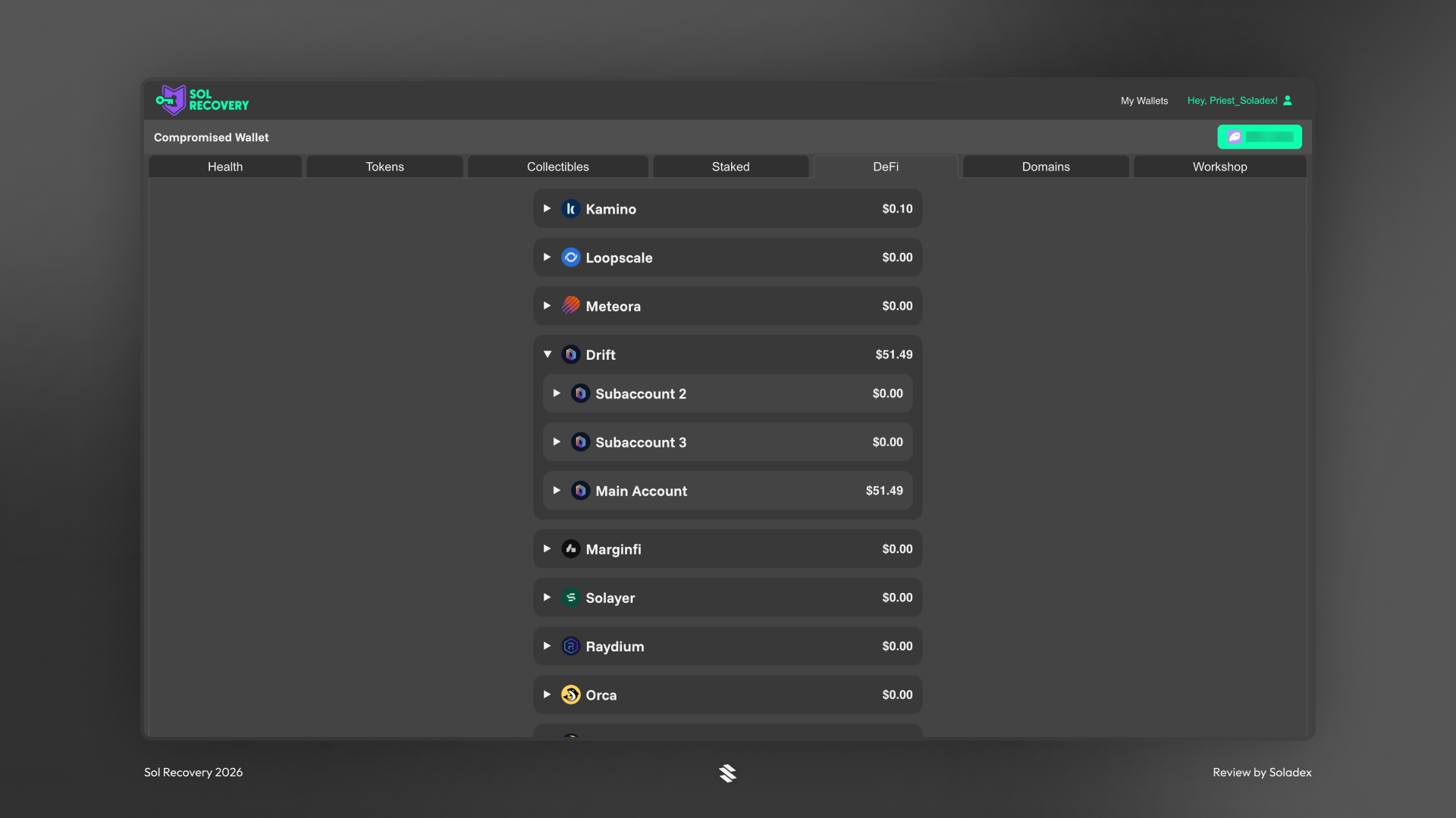 Sol Recovery fetches and lists all associated defi accounts with the wallet added