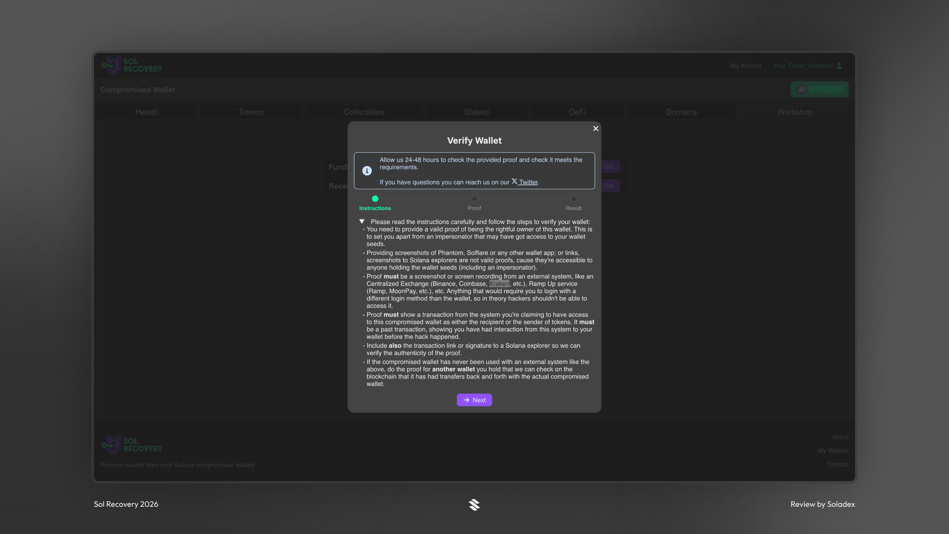Completing ownership verification of the wallet added to Sol Recovery