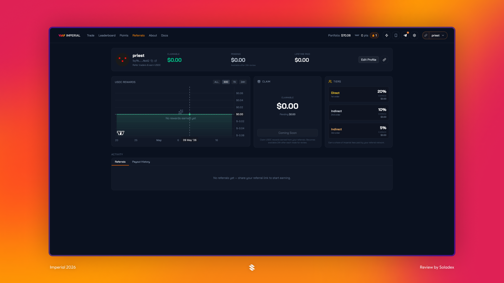 Imperial offers a native referral system for users who want to promote Imperial and earn from their referrals.