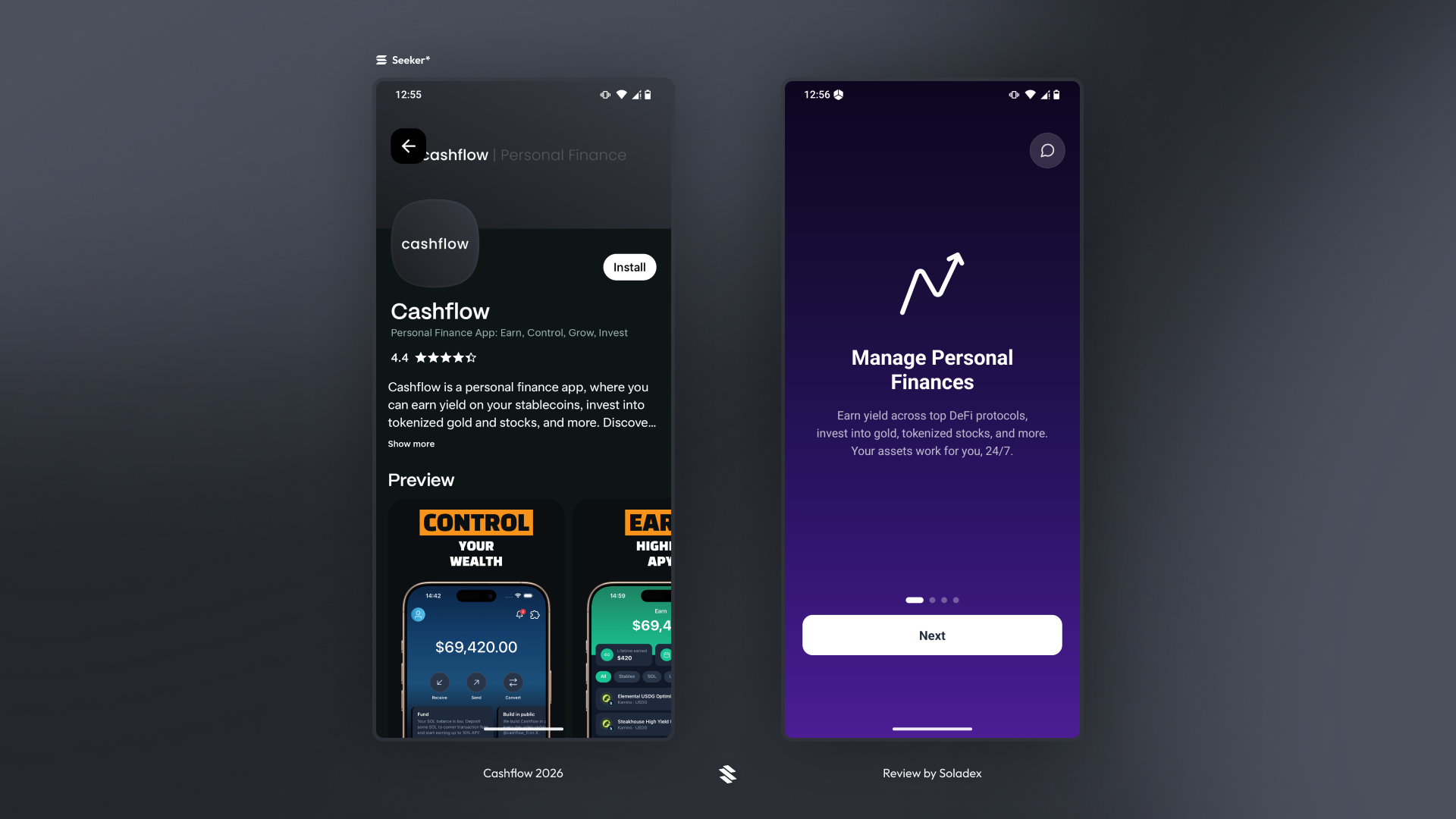 The Cashflow app as shown in the Solana Seeker dApp store