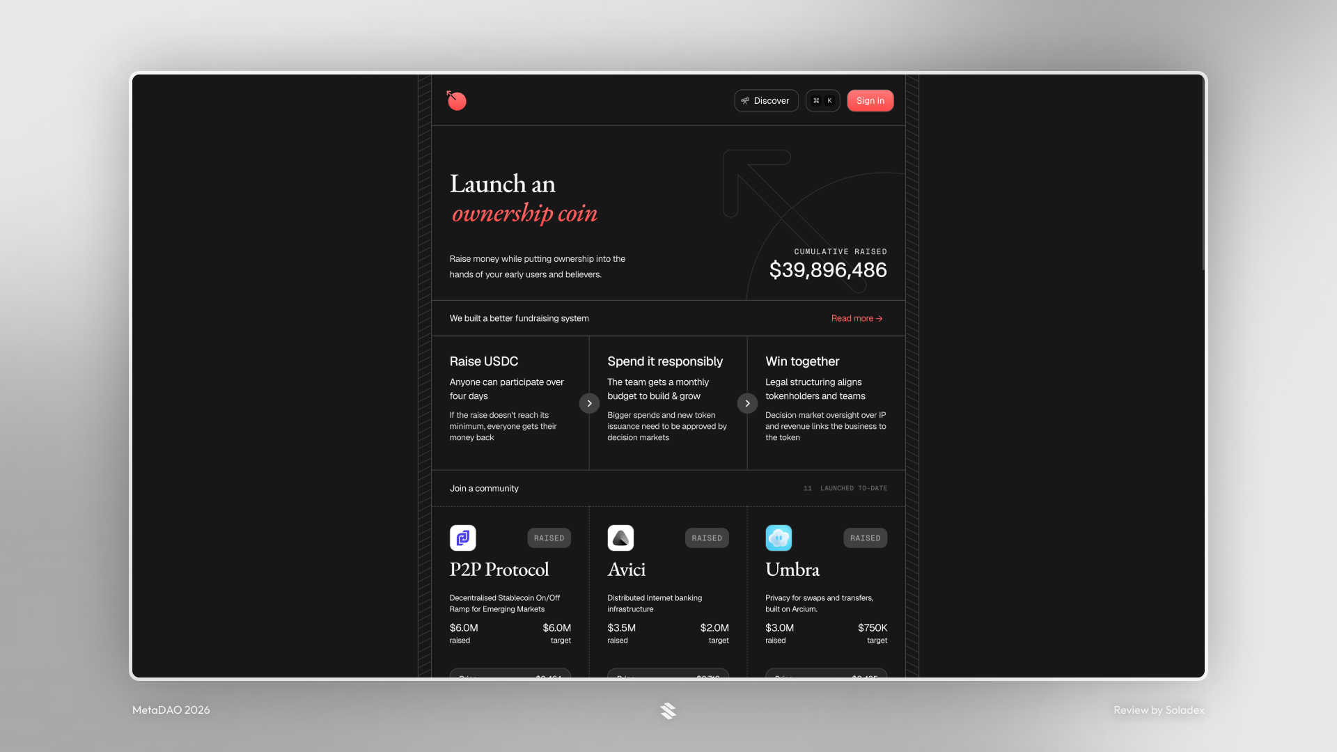 The MetaDAO homepage showing available communities to join and also giving options to start your own community or ownership coin.