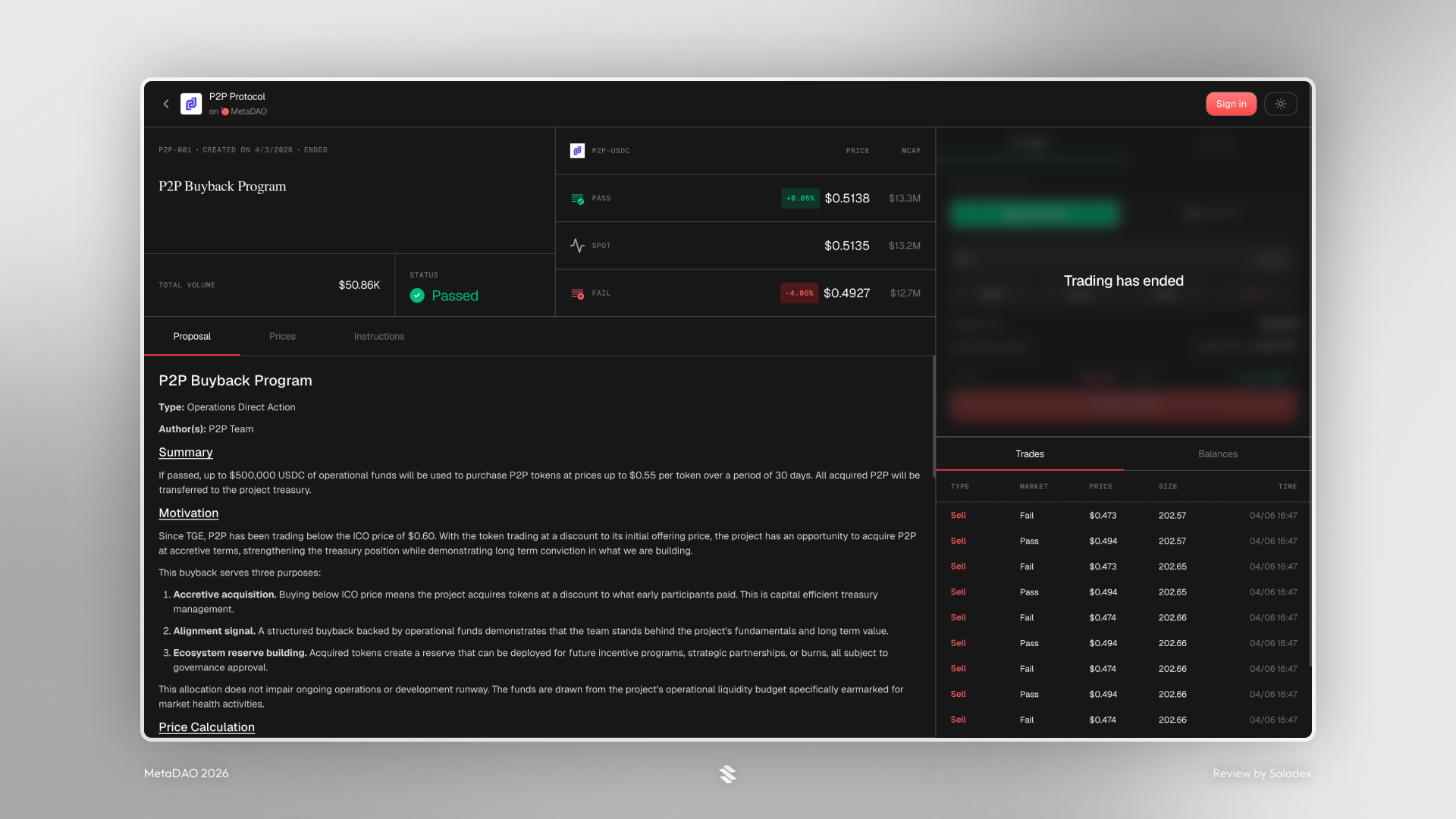 Viewing a proposal for P2P buybacks on MetaDAO