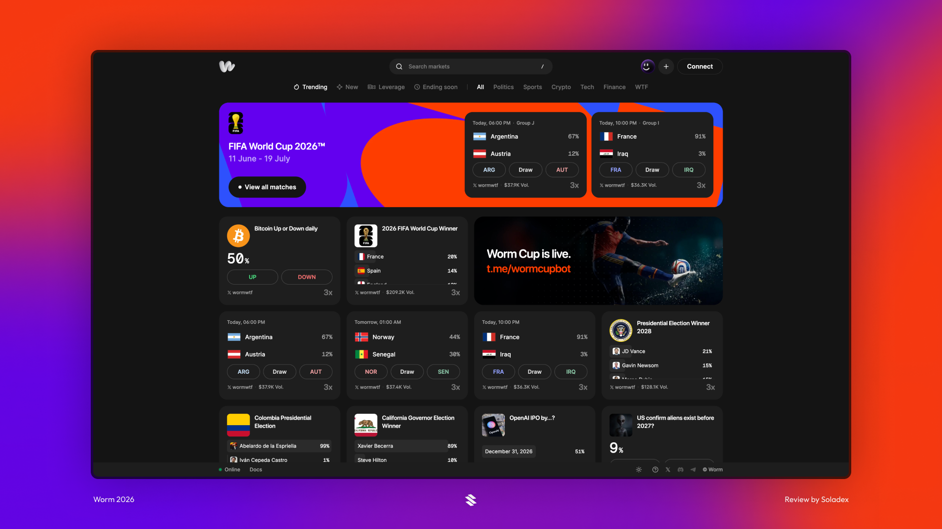 Worm.wtf Solana app homepage showing trending markets.