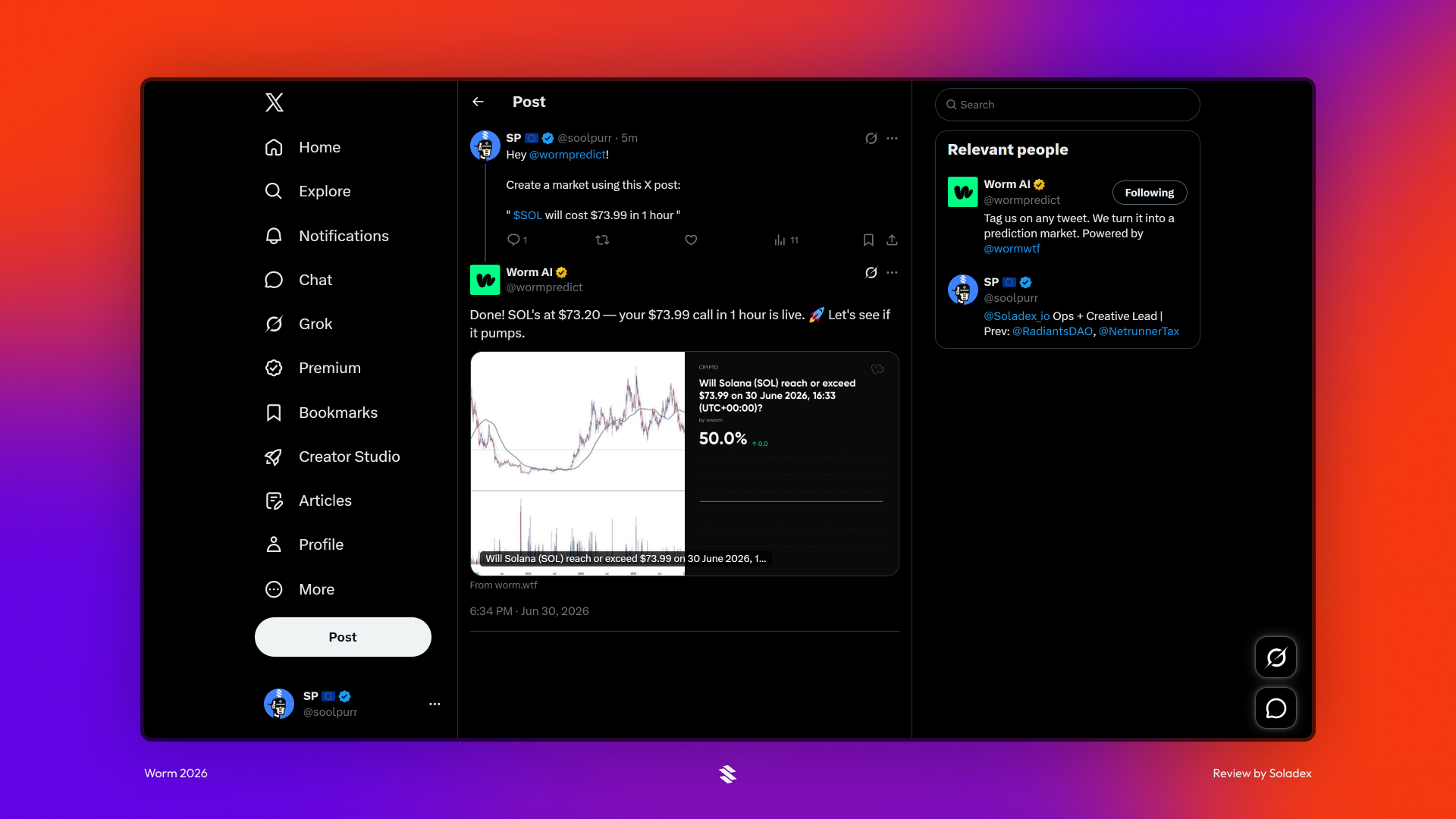 Creating a prediction market on Worm directly from X without having to switch platforms.
