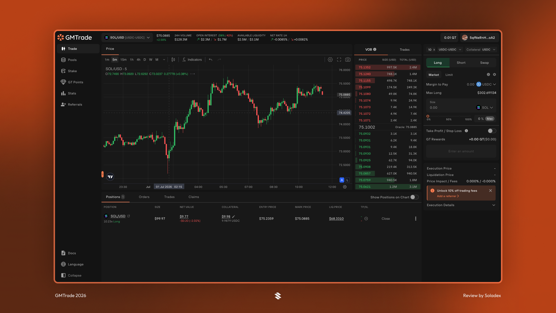 Opening a SOL long on GMTrade