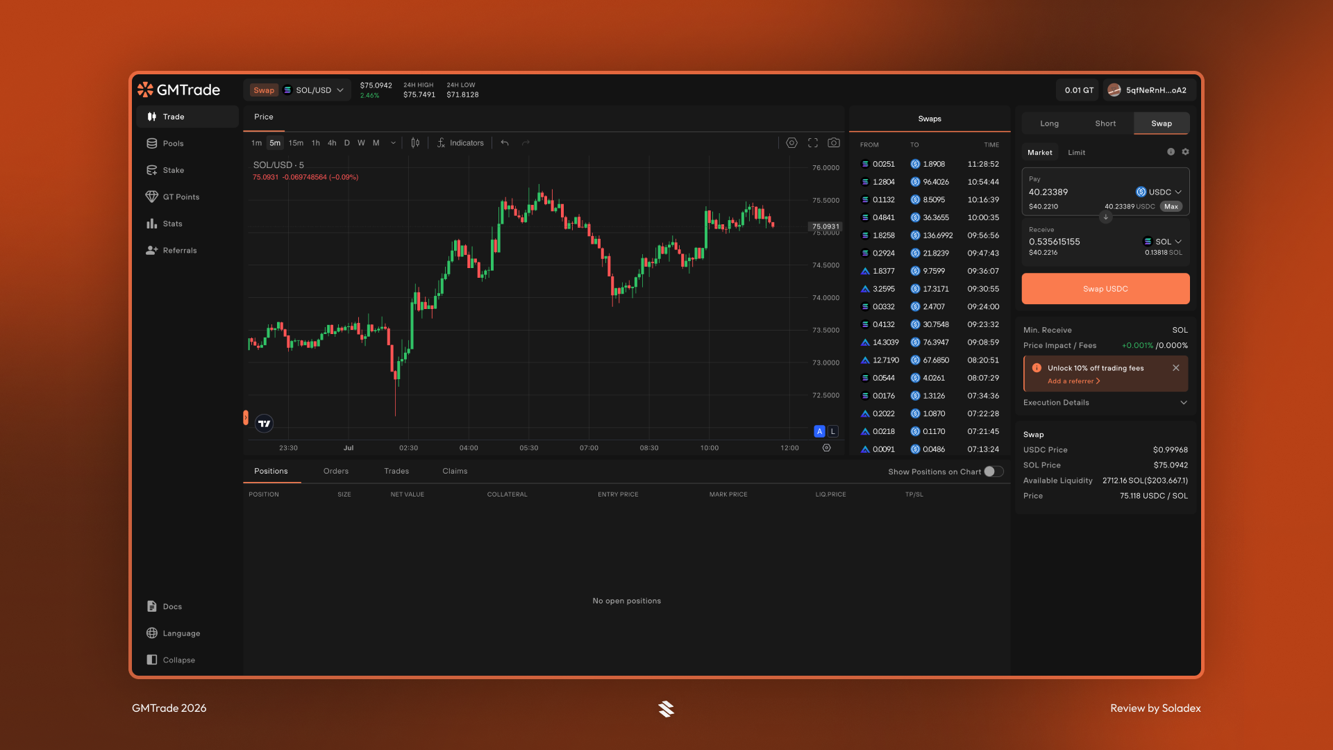 Swapping tokens on the GMTrade platform