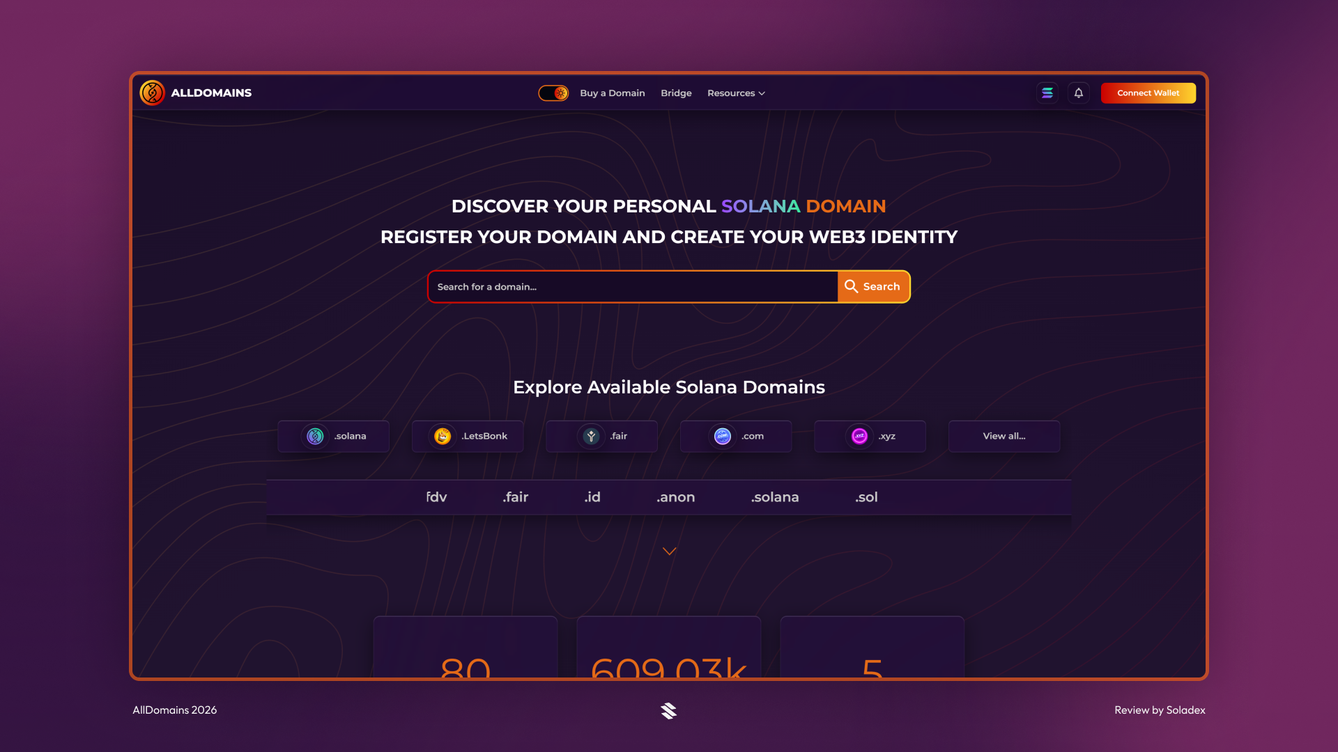 The AllDomains home page, showing available TLDs on Solana