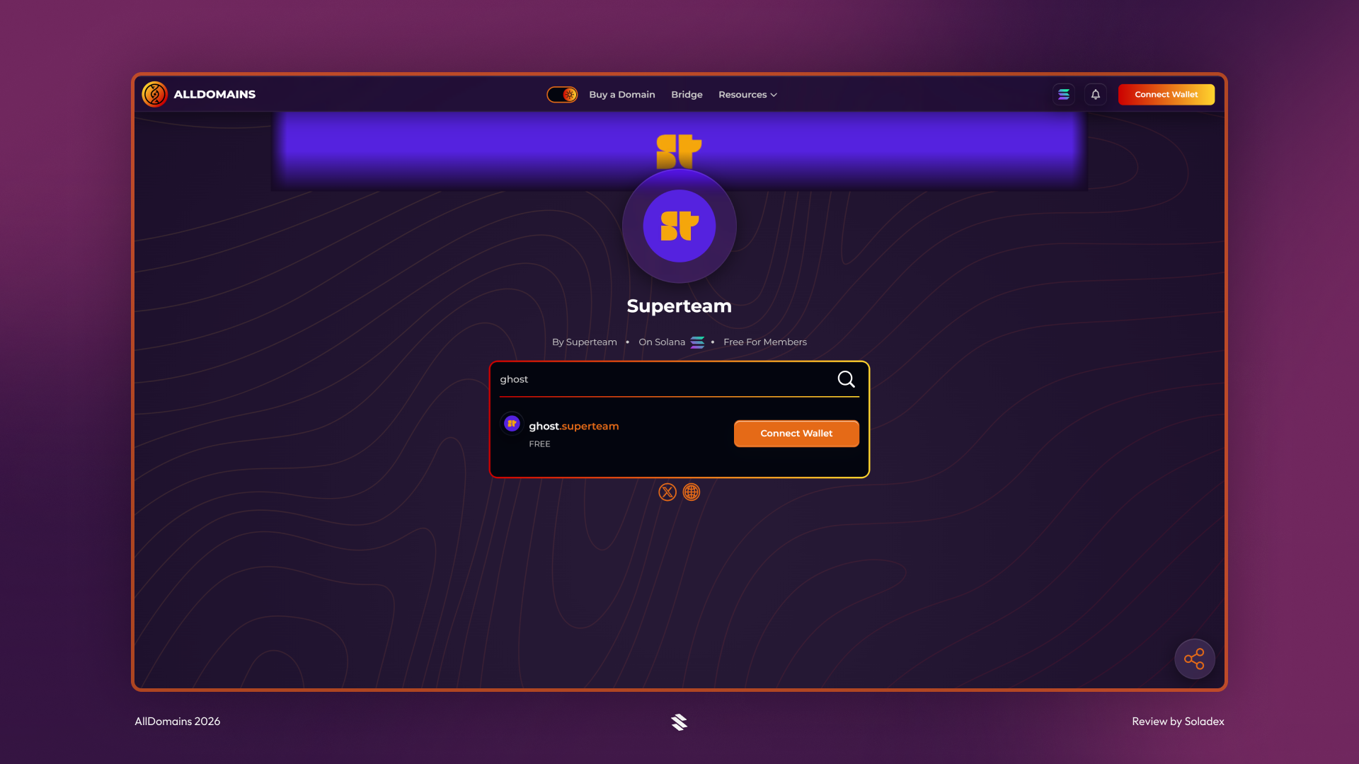 AllDomains allows entities to create their own TLD. In this example, we registered "ghost.superteam"