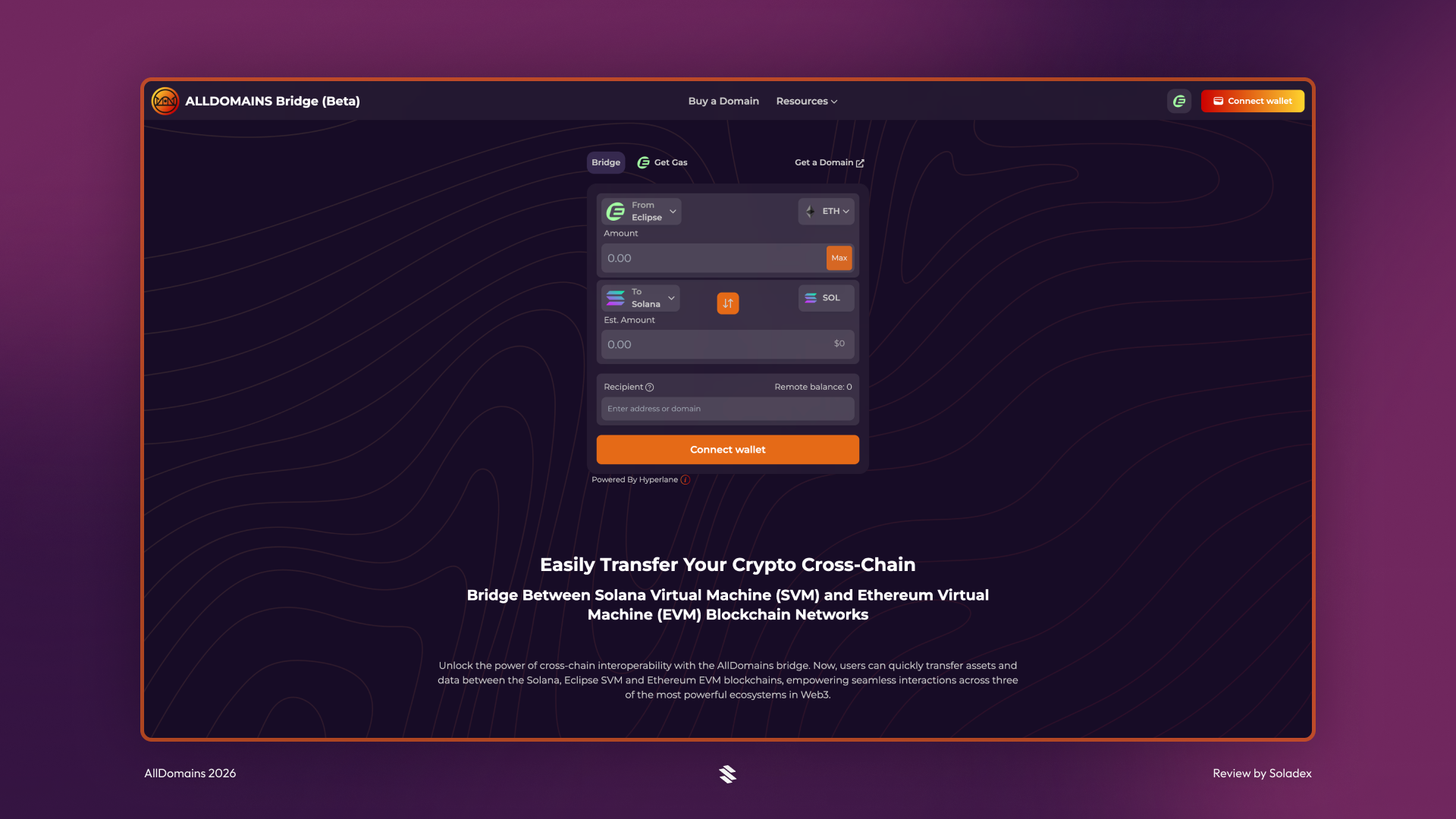 The AllDomains bridge allows you to transfer ownership of your domain to virtually any chain, including Ethereum and Eclipse.