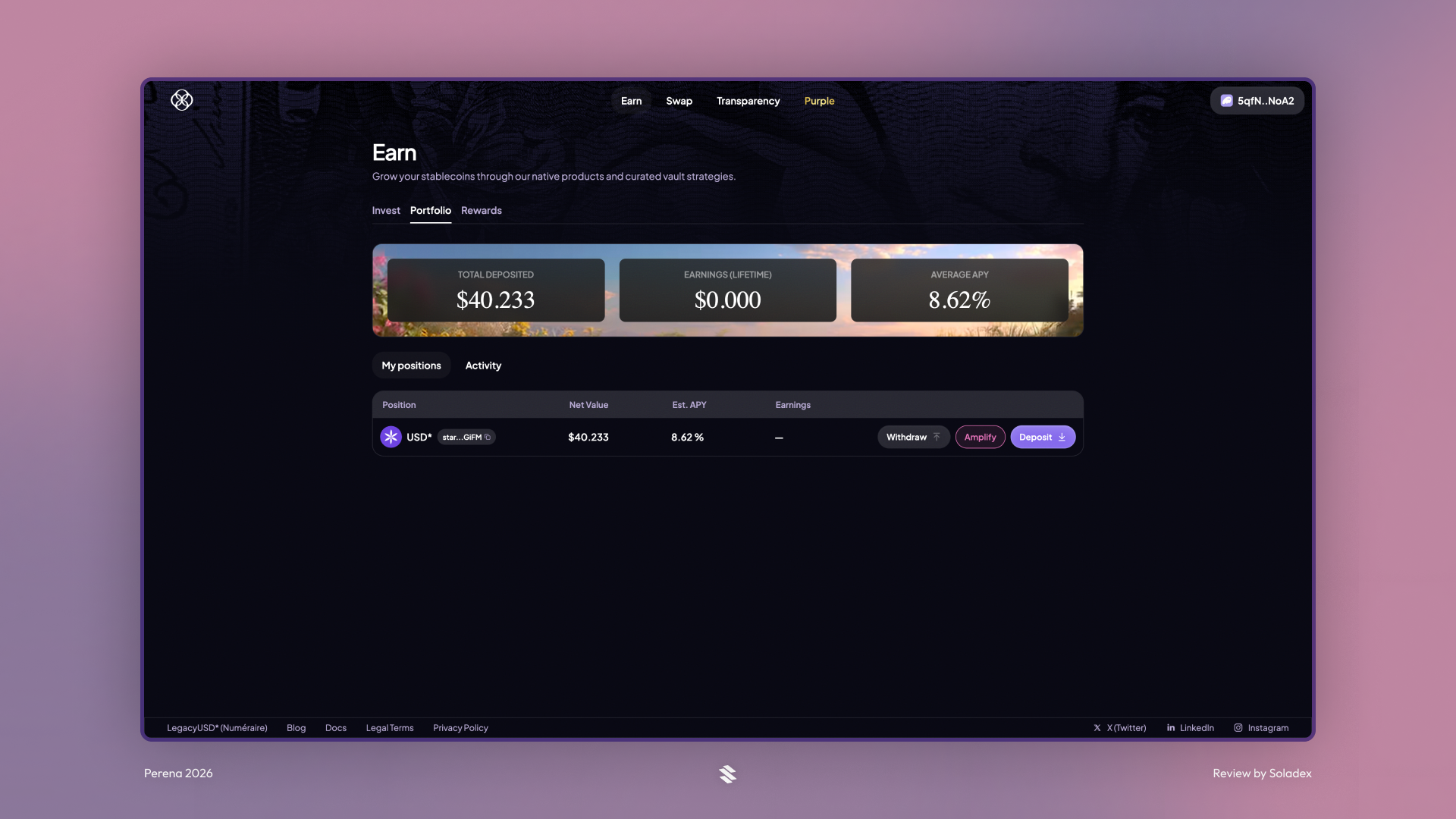 The portfolio area shows which coins we own and what earnings those assets have produced on the platform.