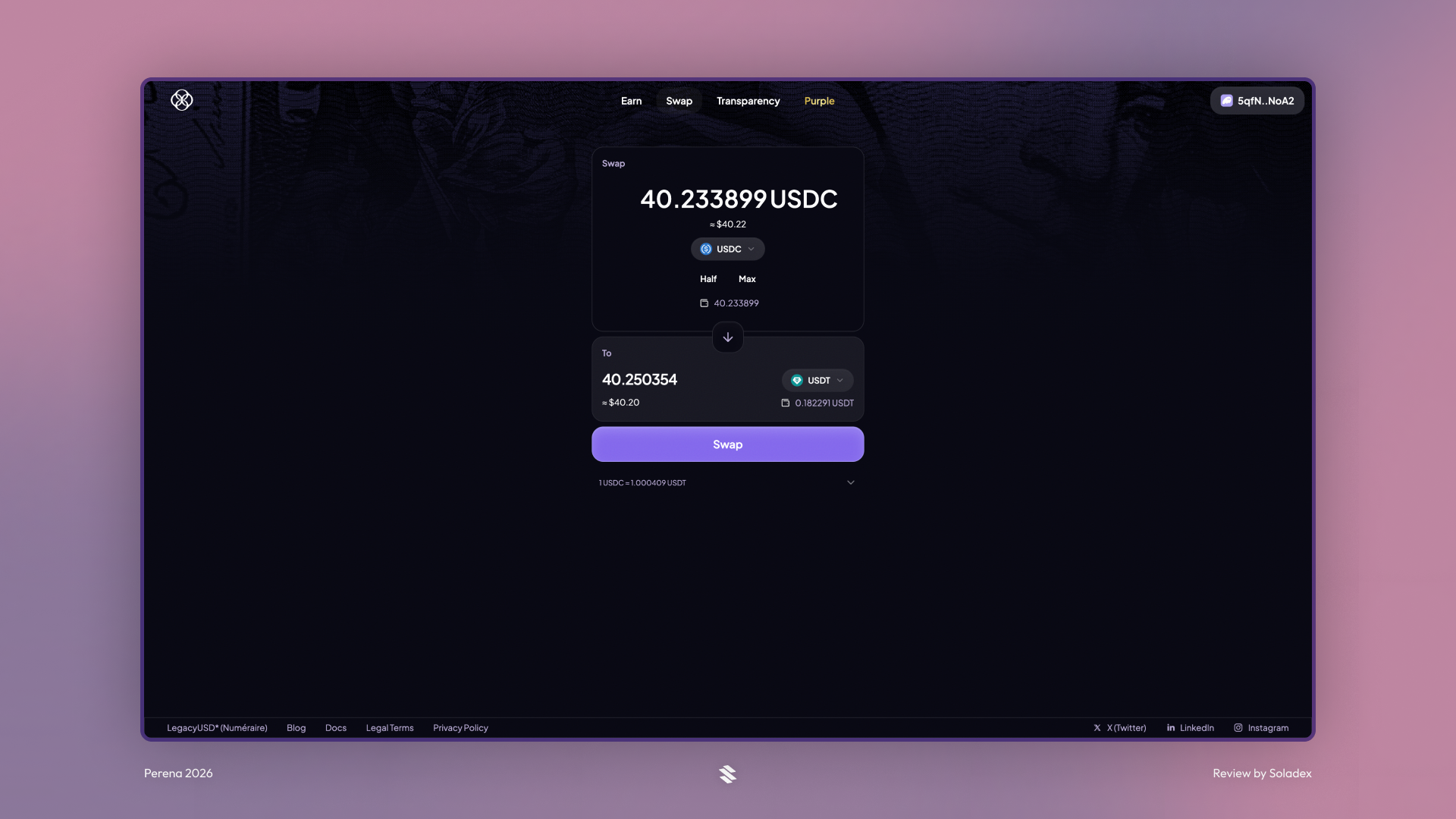 Swapping USDC for USDT directly through Perena