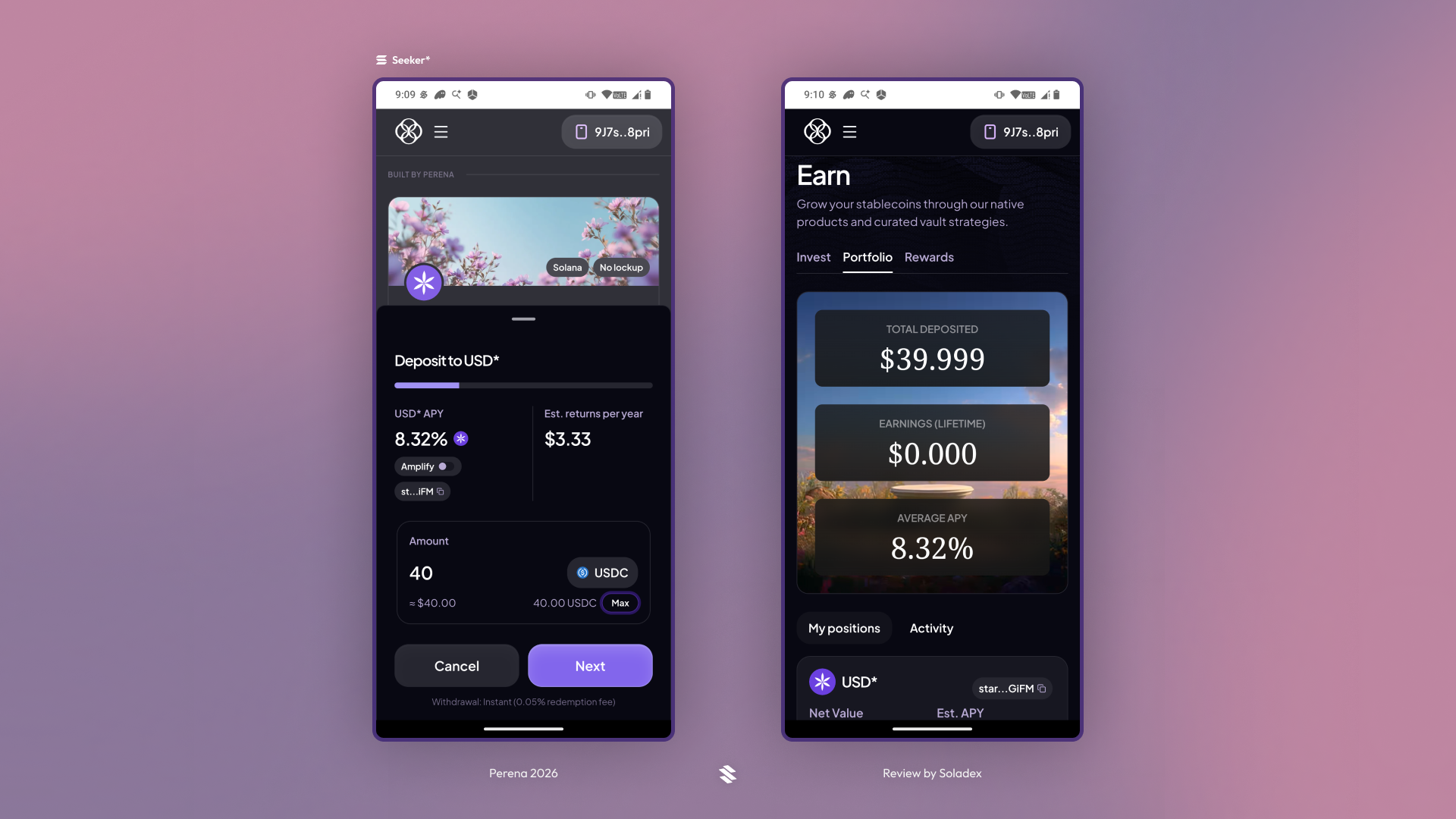 Depositing and checking our portfolio inside the Perena Seeker dApp.