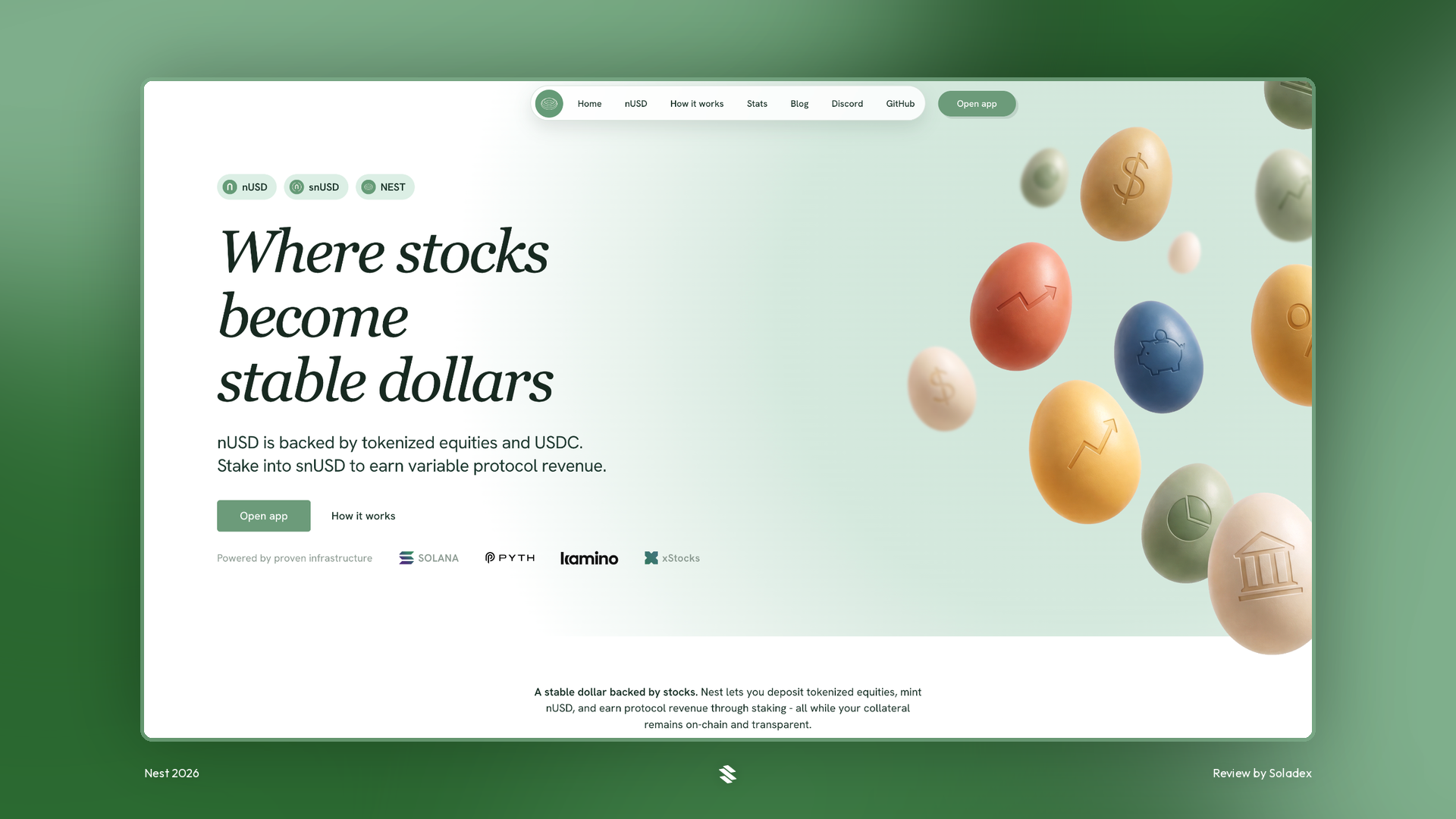 The Nest homepage on Solana