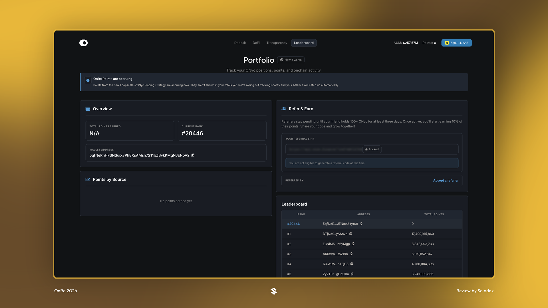 The OnRe Portfolio page with points and positions