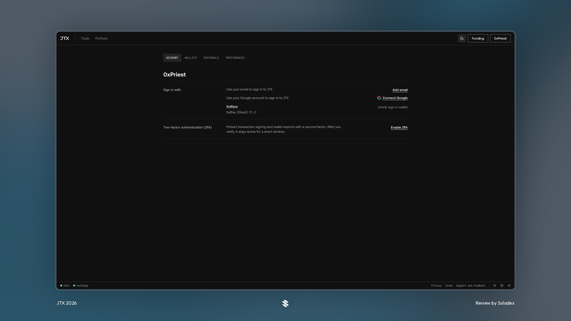 Opening the JTX account settings from the wallet button