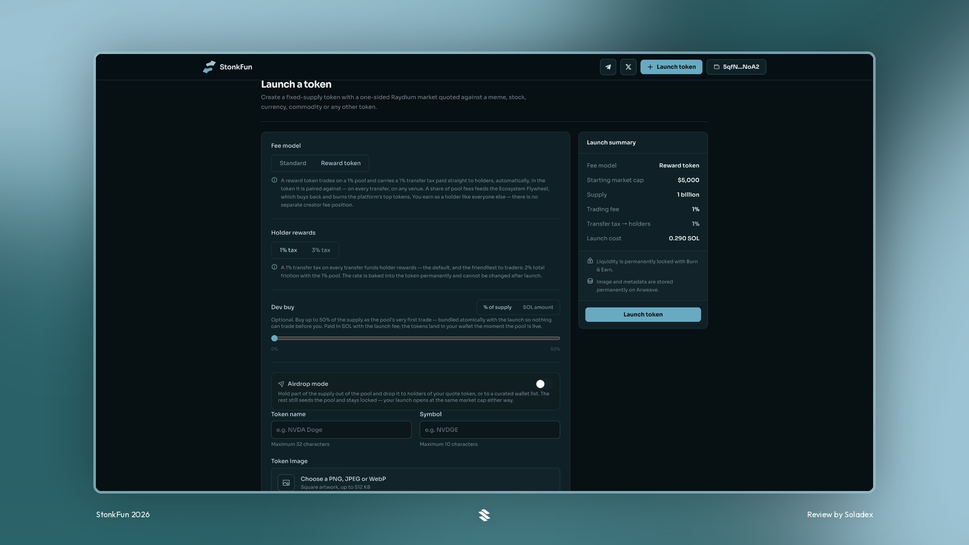 The StonkFun launch form with fee model, dev buy and airdrop settings