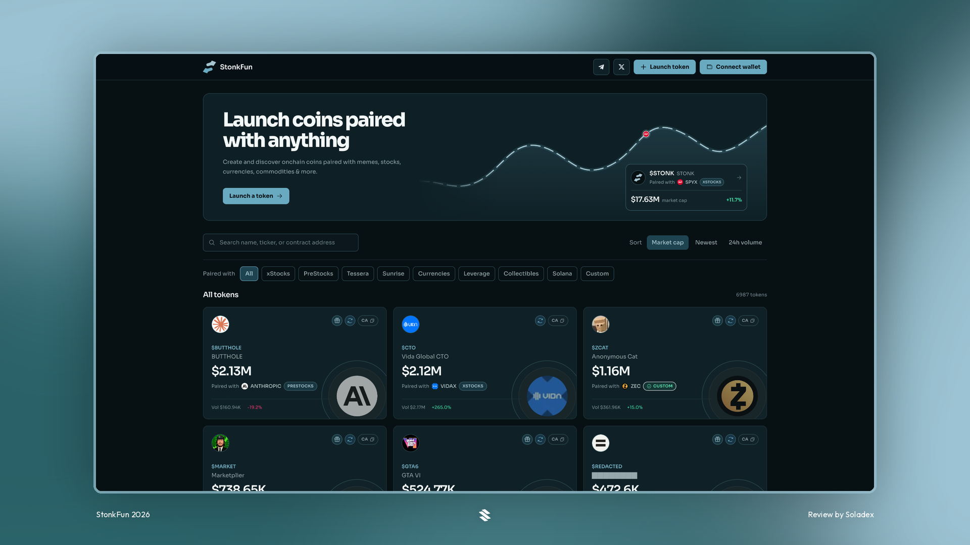 The StonkFun launchpad on Solana showing tokens paired with stocks and currencies