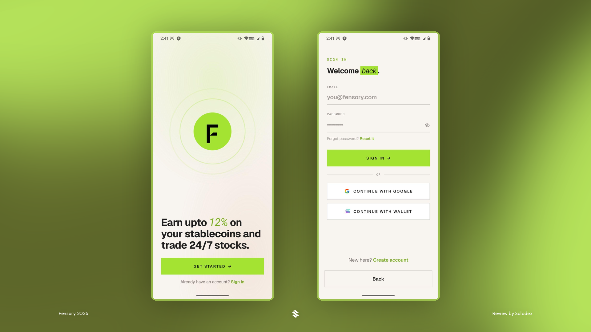 Signing up to Fensory with Gmail or a wallet