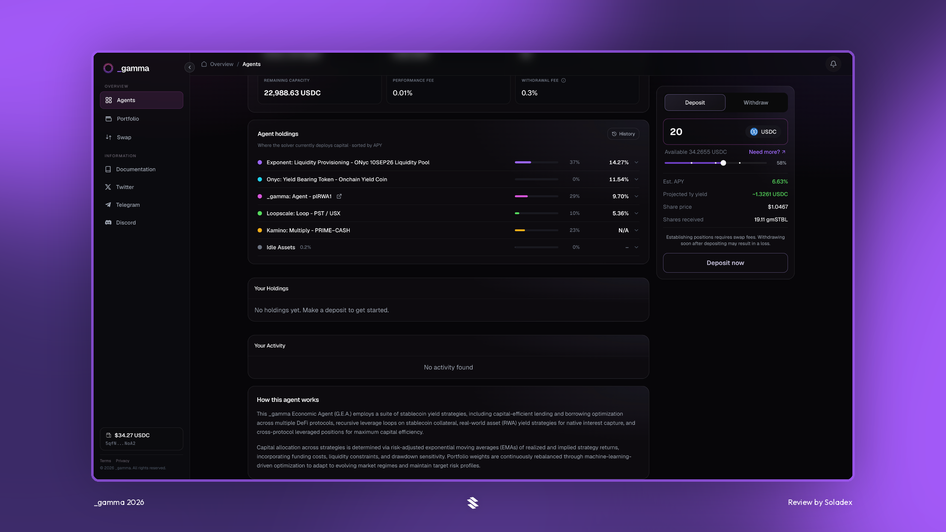 A $20 deposit deployed across Exponent, OnRe and Kamino by the _gamma Stablecoins agent