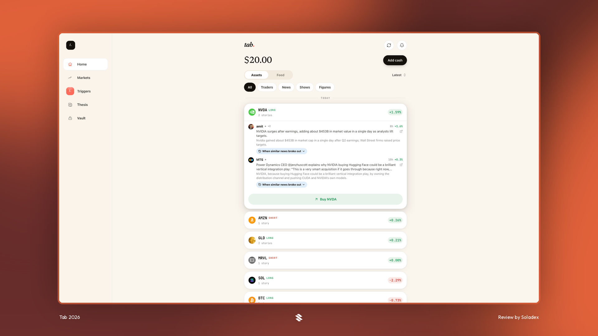 The Tab Markets Home page with prices, news sources and sentiment