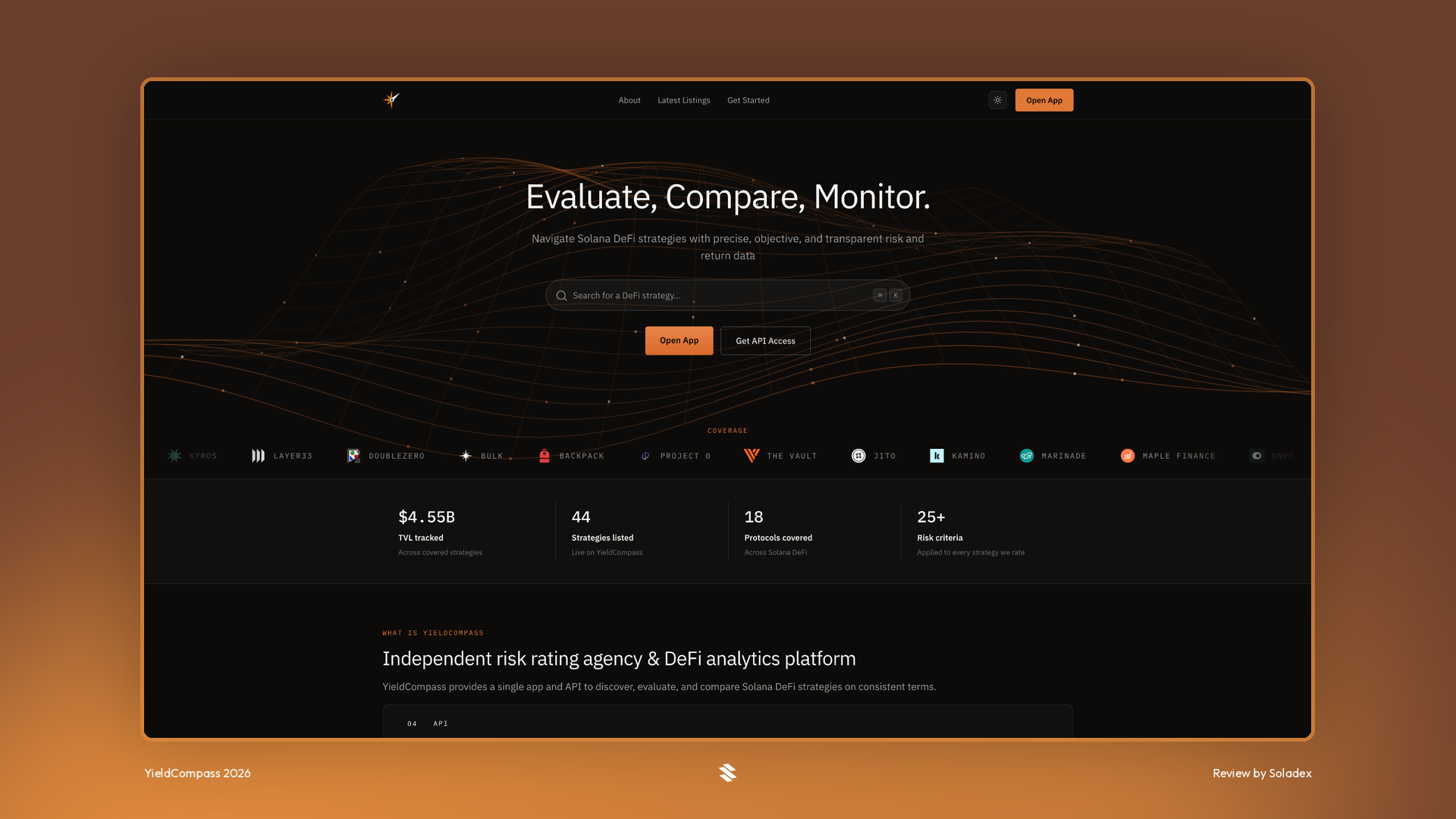 YieldCompass homepage with strategy list and risk ratings