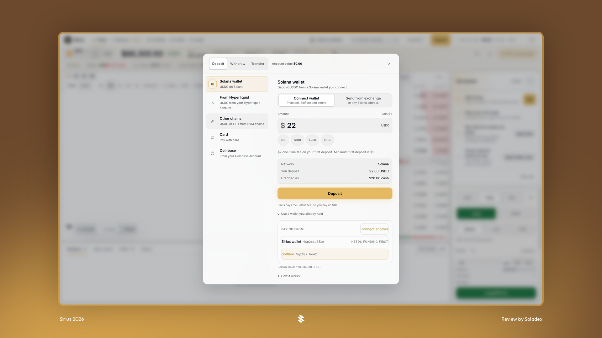 Sirius deposit modal with USDC from a Solana wallet