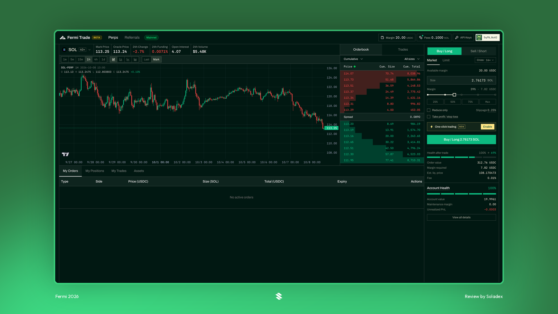 Fermi trading terminal with SOL-PERP order form