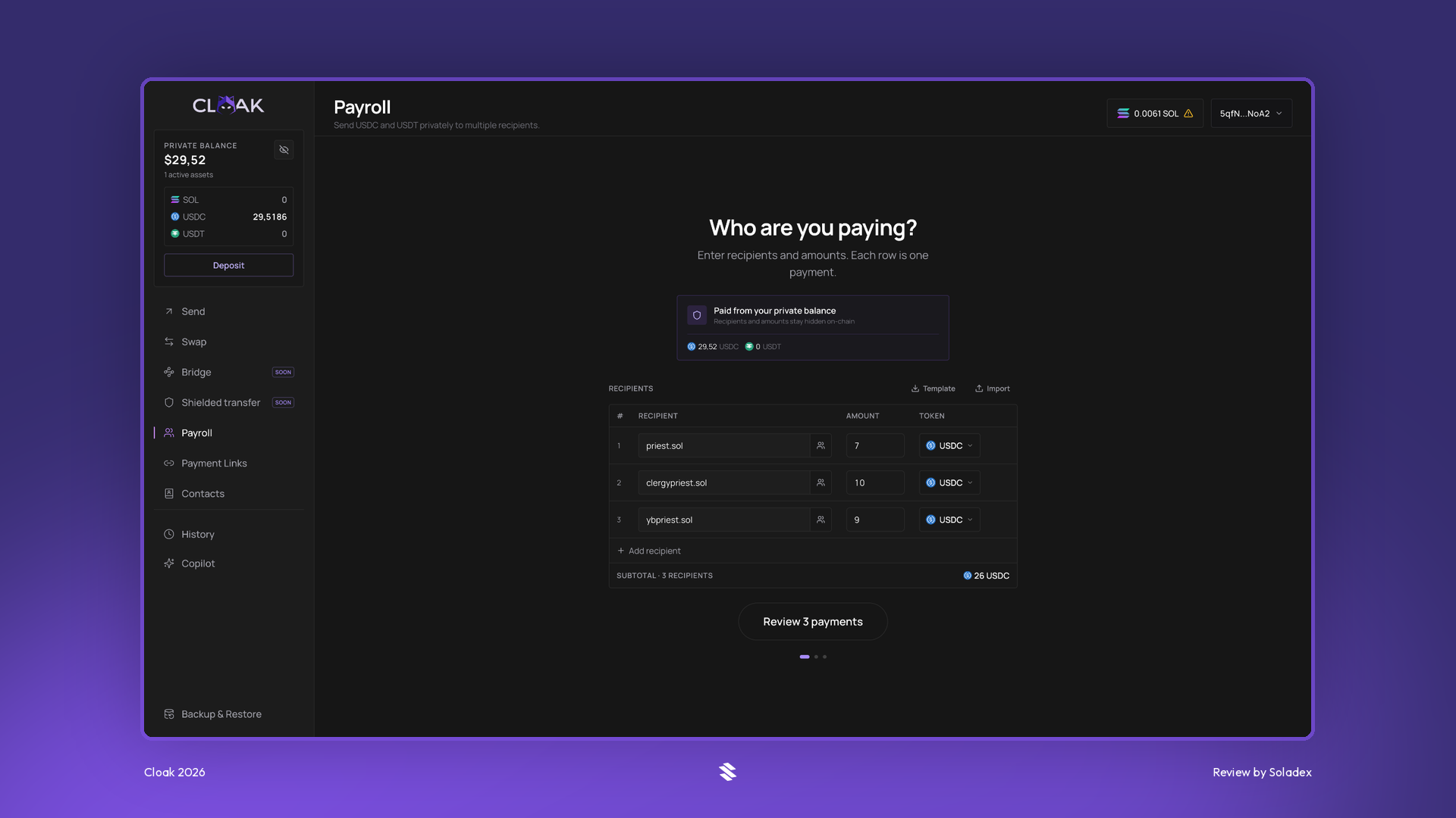 Cloak payroll batch payments