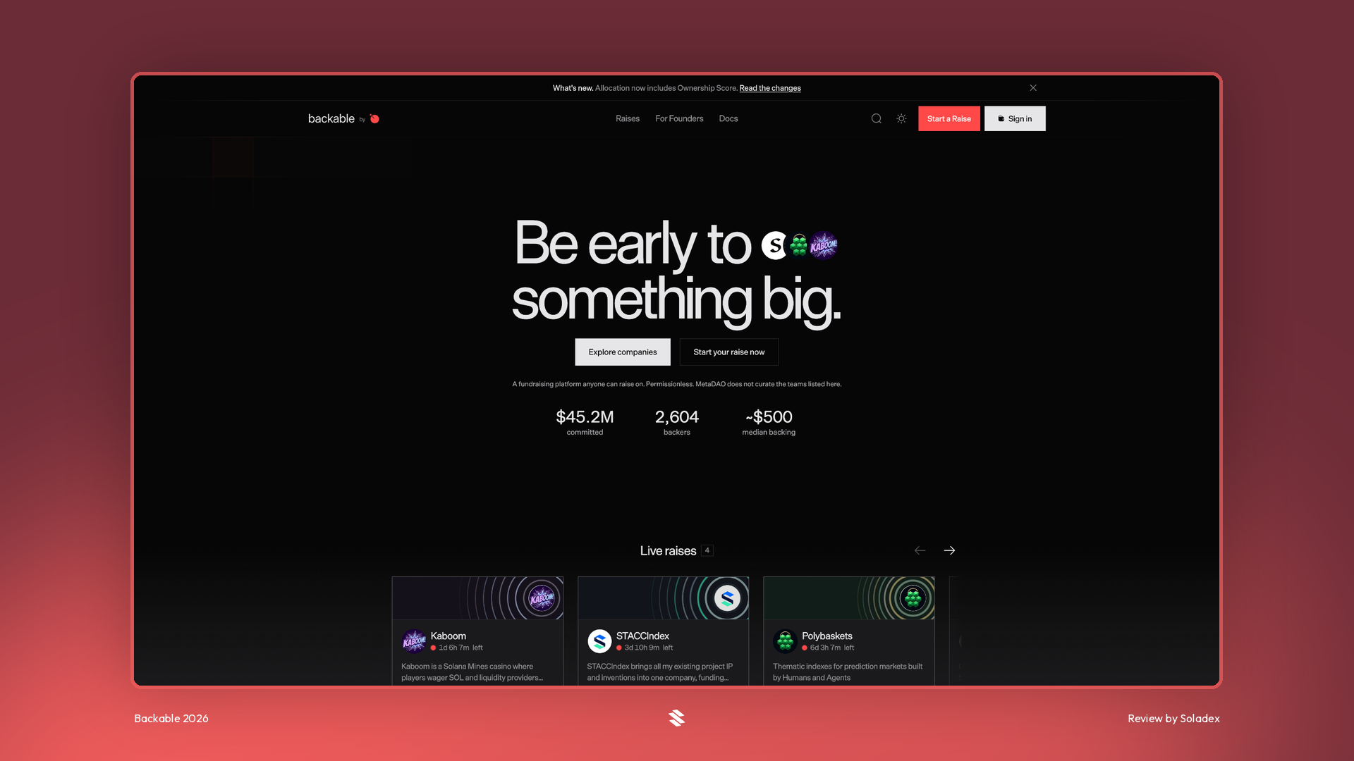 Backable homepage with active raises