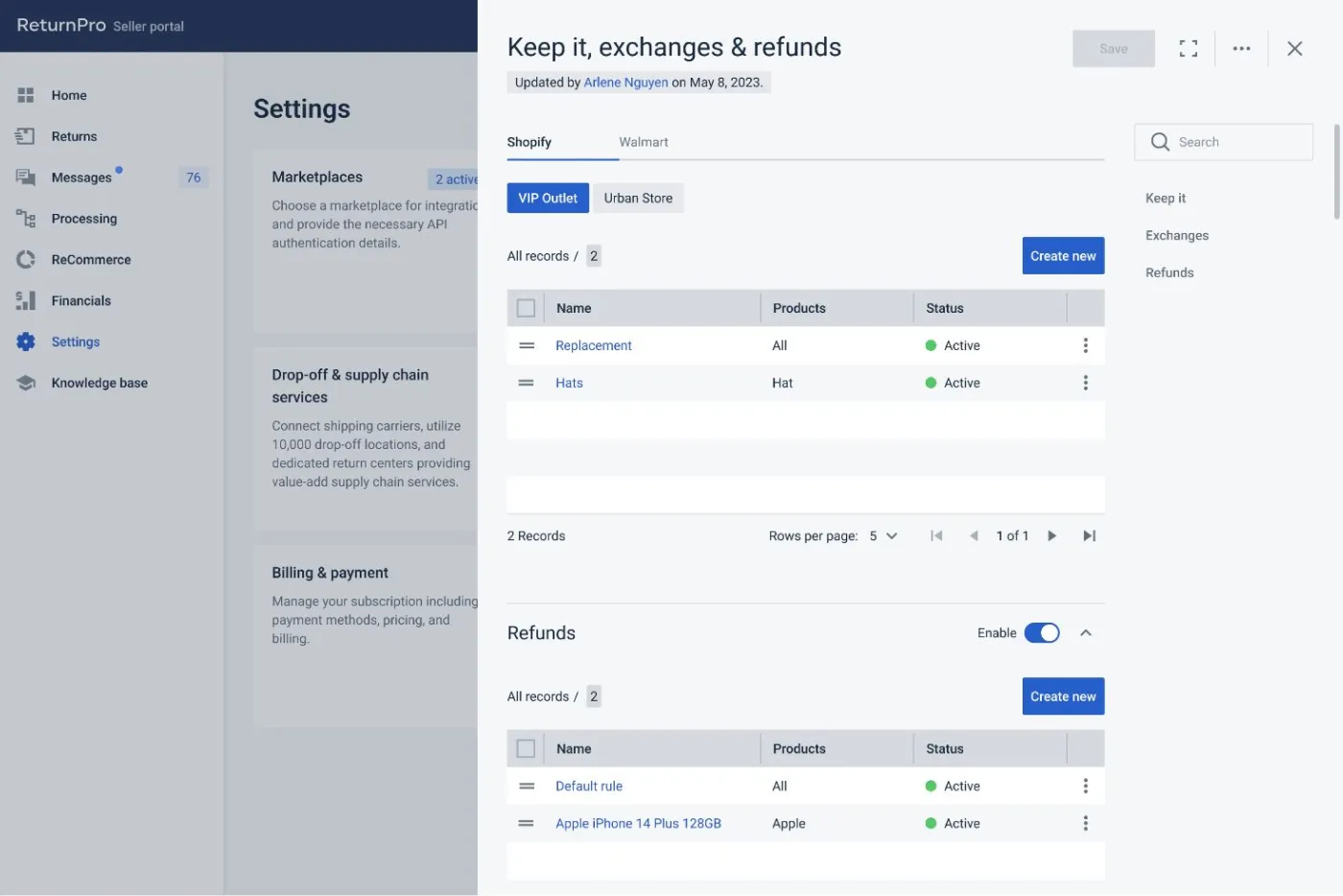 ReturnPro Seller portal settings page showing marketplace integrations and tables for 'Keep it, exchanges & refunds' with active records for VIP Outlet, including 'Replacement' and 'Hats', and refunds for 'Default rule' and 'Apple iPhone 14 Plus 128GB', all marked active.