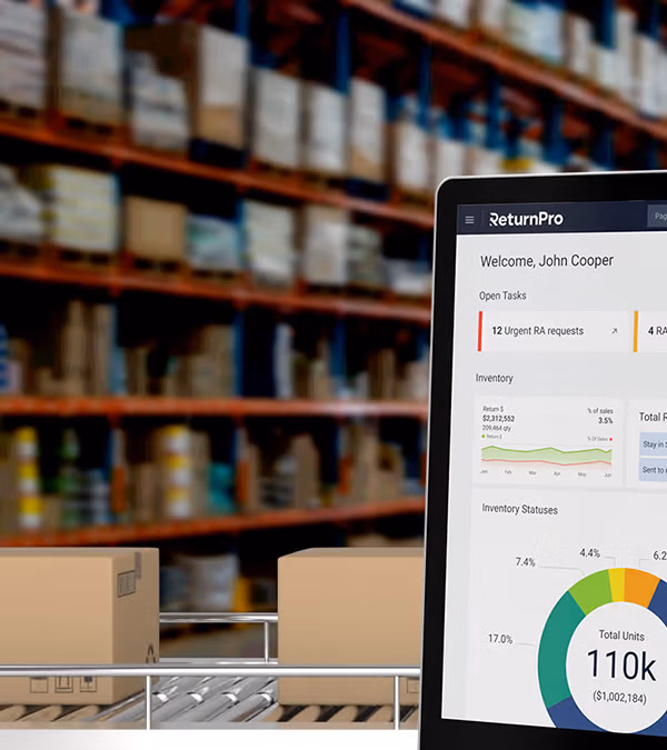 Warehouse shelves stocked with boxes in the background and a tablet in the foreground showing ReturnPro software with inventory data and tasks.