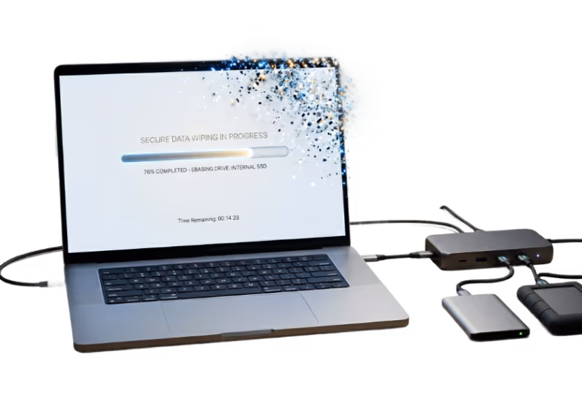 Laptop screen displaying secure data wiping in progress with a progress bar showing 76% completed, connected to external storage devices and a hub.