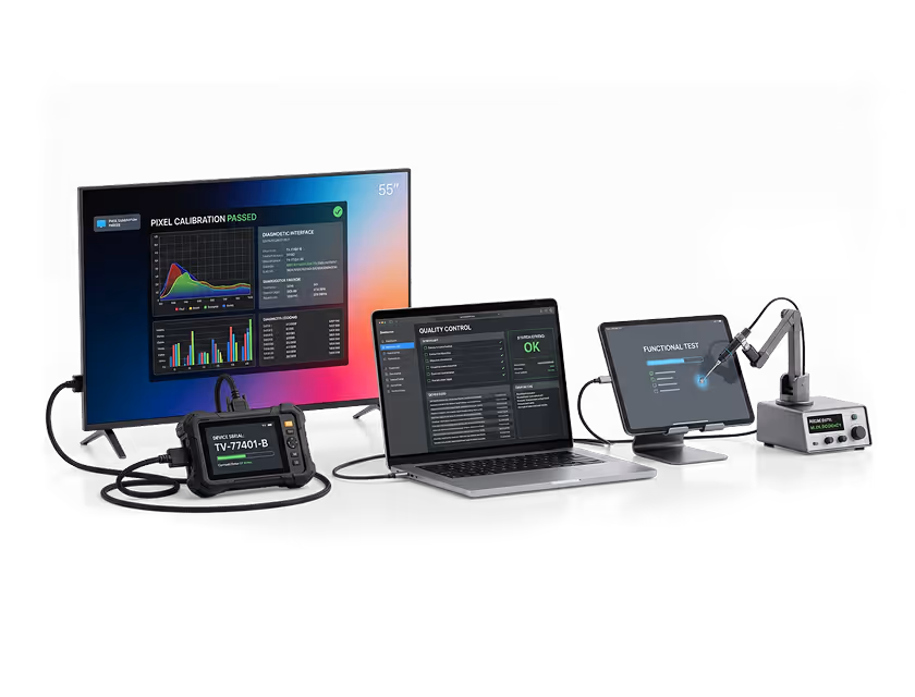 Setup showing a large display screen with pixel calibration results, a handheld device labeled TV-77401-B, a laptop with quality control software displaying OK status, and a functional test device with a probe.