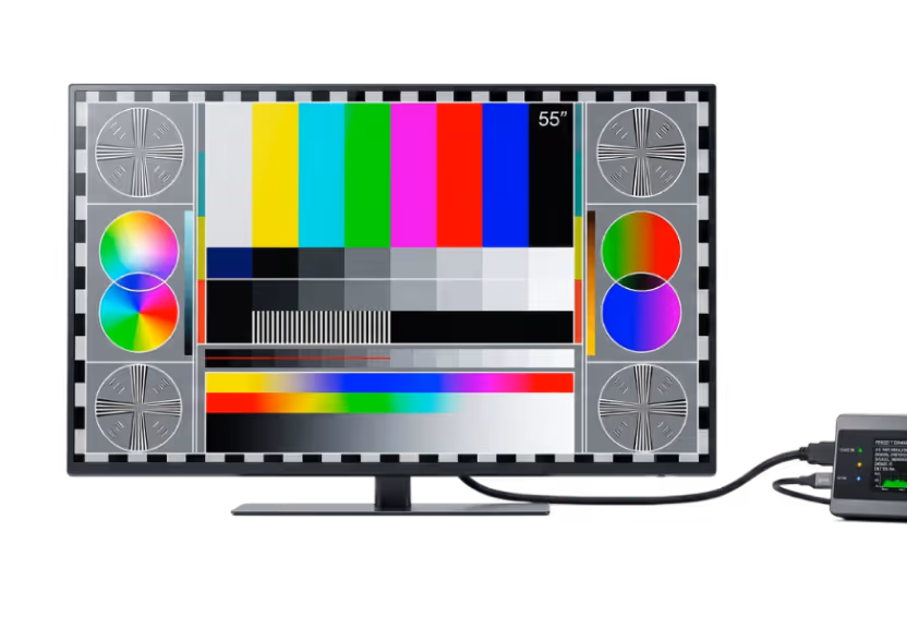 A 55-inch TV displaying a color test pattern with color bars, grayscale gradients, and resolution circles, connected to a device with cables.