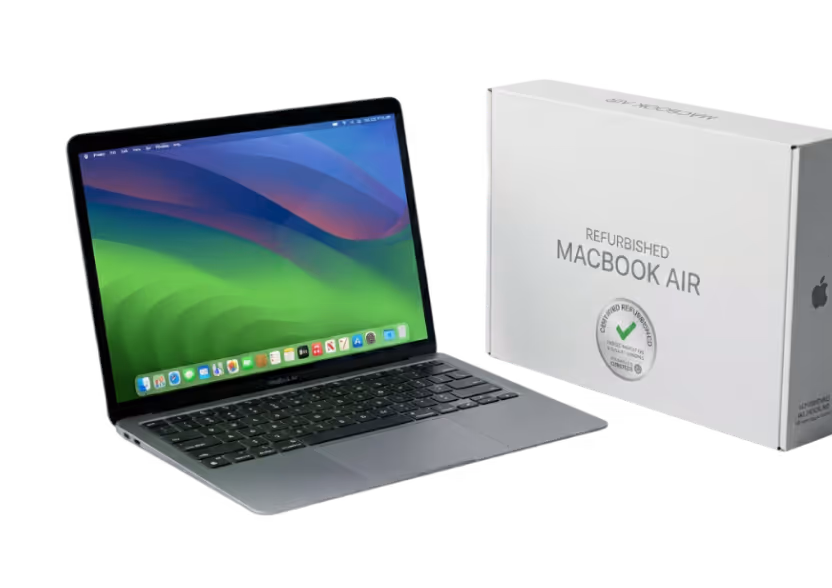 Open refurbished MacBook Air laptop with colorful gradient desktop screen next to its white box packaging.