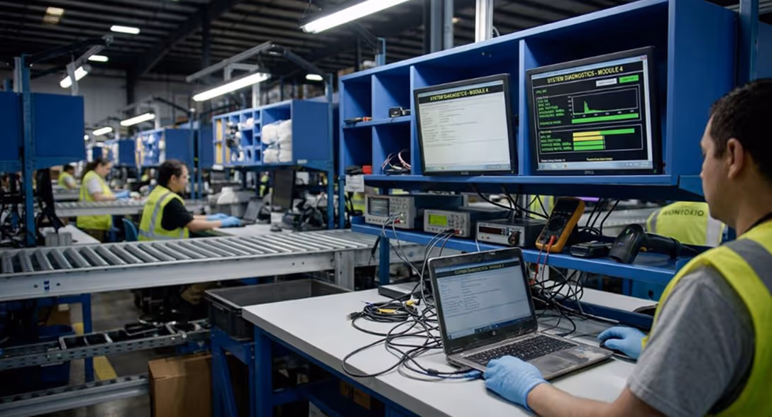 Workers wearing safety vests and gloves operating computers and testing equipment in an industrial assembly line setting.