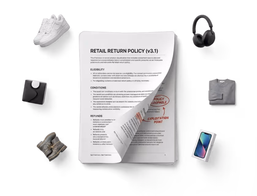 Open booklet showing a retail return policy document surrounded by items including white sneakers, black headphones, folded clothes, a smartphone in a box, and a wallet.