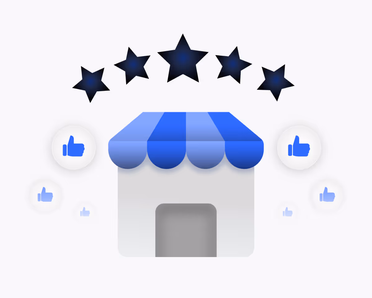 Illustration of a small store with a blue awning surrounded by blue thumbs-up icons and five black stars above it.