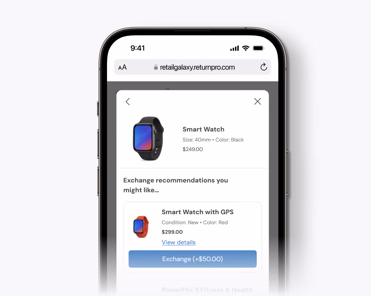 Mobile screen showing a smart watch exchange interface with a black smart watch priced at $249 and an upgrade option to a red smart watch with GPS for an additional $50.